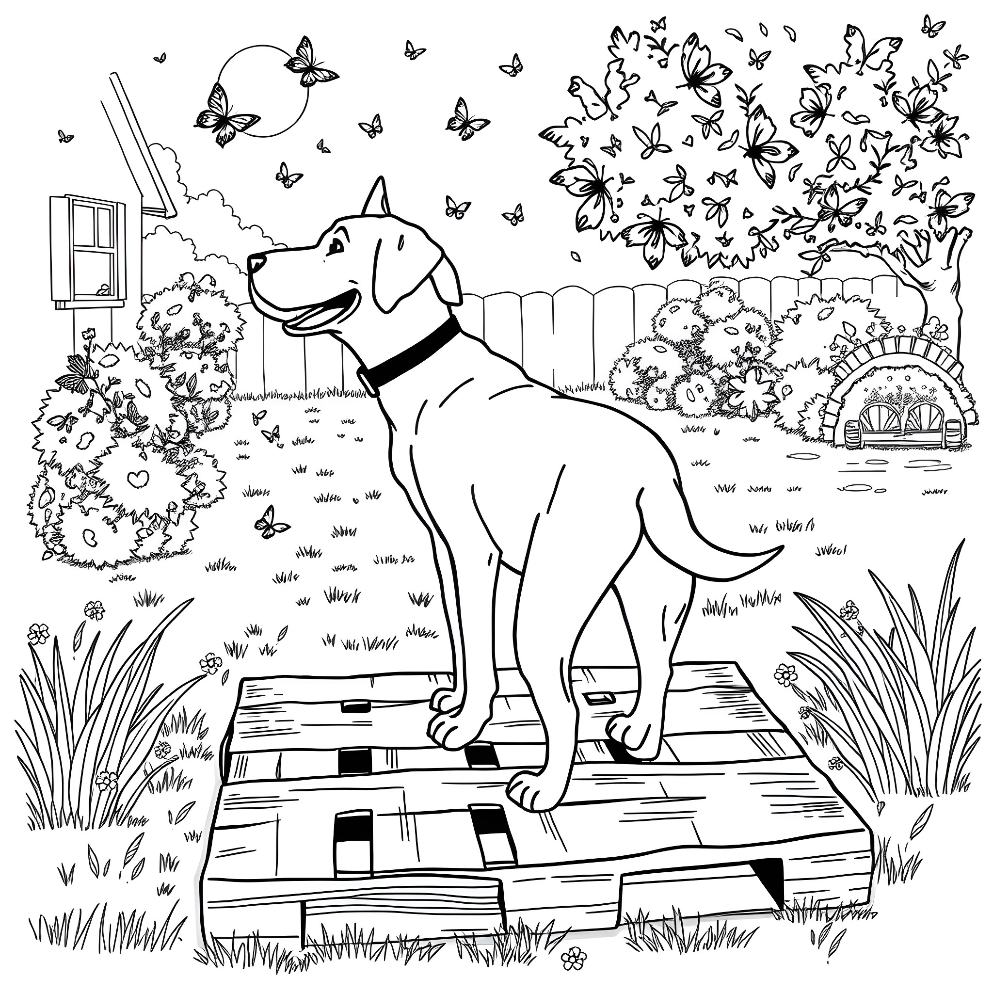 Labrador playing joyfully in a vibrant garden Coloring Page (free black-and-white line drawing printable PDF for all, from beginners to advanced learners, including children, teens, adults, and seniors)
