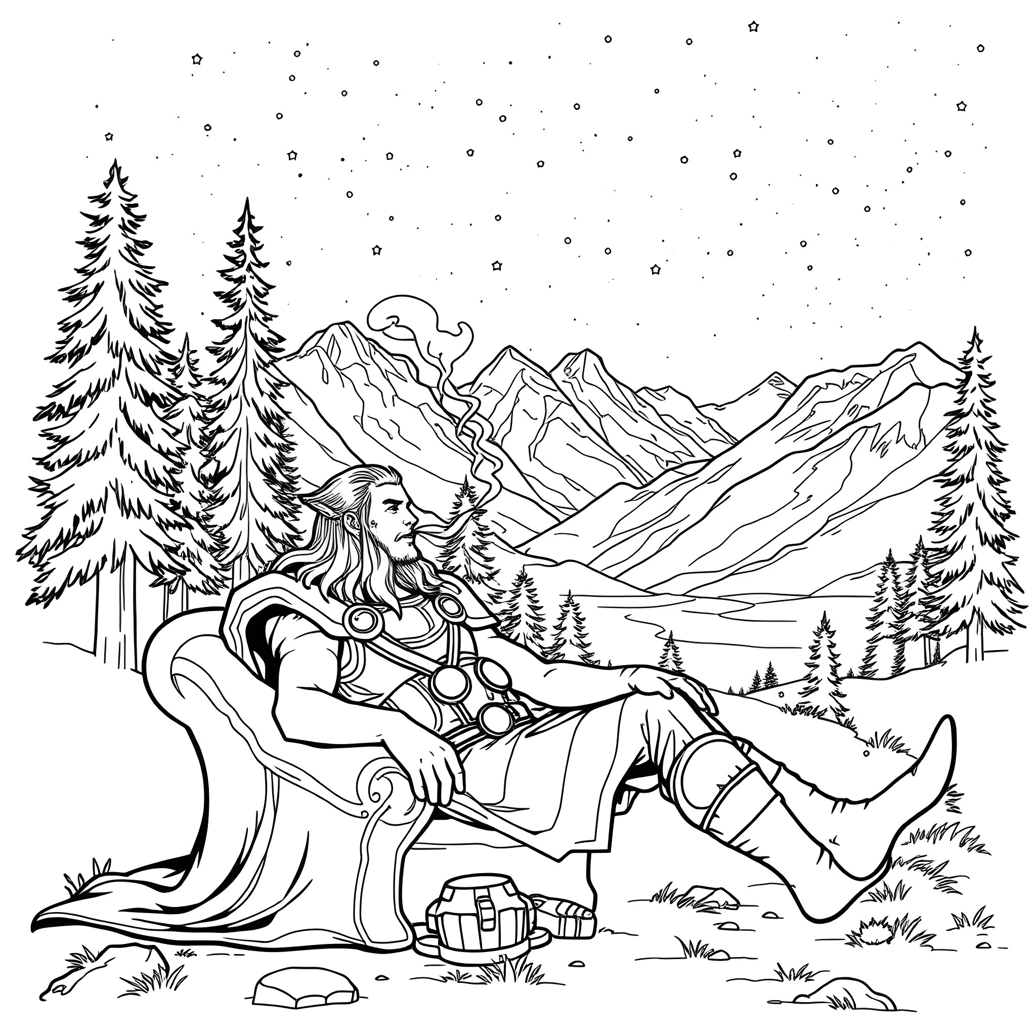 Thor resting amidst the snowy mountains and pine trees Coloring Page (free black-and-white line drawing printable PDF for all, from beginners to advanced learners, including children, teens, adults, and seniors)
