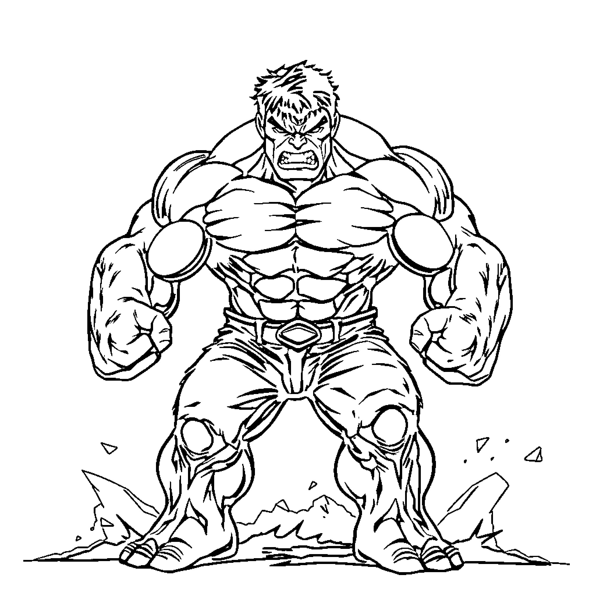 Hulk's Raging Heroic Pose Coloring Page (free black-and-white line drawing printable PDF for all, from beginners to advanced learners, including children, teens, adults, and seniors)