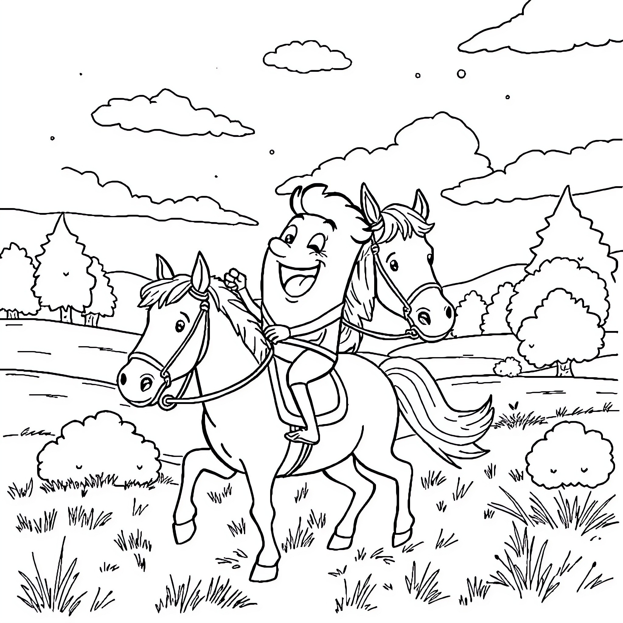 Bob l'éponge riding horses in the countryside Coloring Page (free black-and-white line drawing printable PDF for all, from beginners to advanced learners, including children, teens, adults, and seniors)