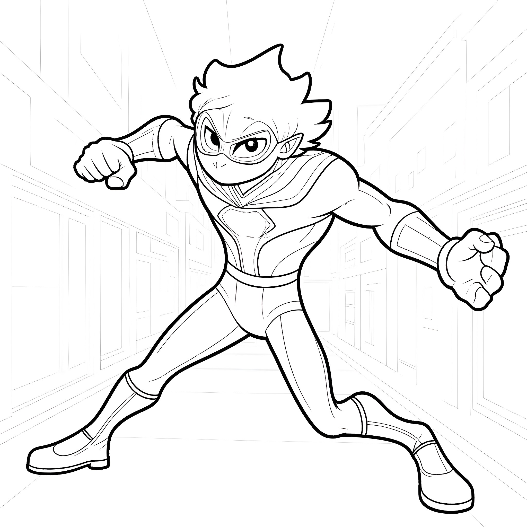 Miles Morales in heroic action pose Coloring Page (free black-and-white line drawing printable PDF for all, from beginners to advanced learners, including children, teens, adults, and seniors)