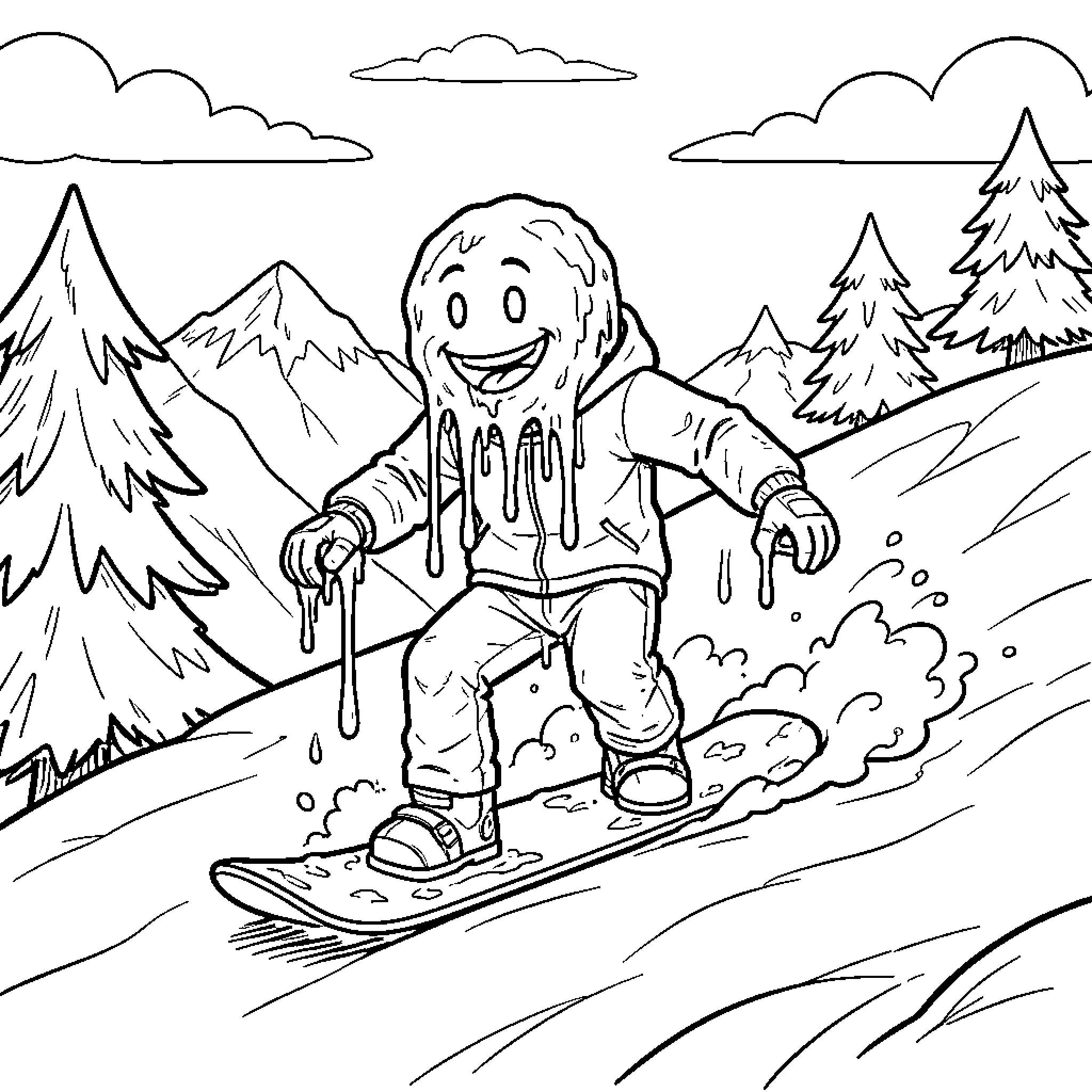Snowboarder sliding down a mountain with a melting face Coloring Page (free black-and-white line drawing printable PDF for all, from beginners to advanced learners, including children, teens, adults, and seniors)