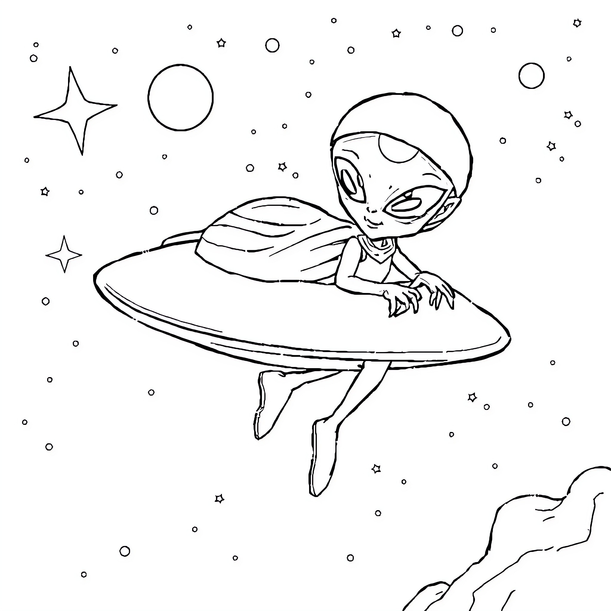 Martian Alien Riding Spacecraft through Starry Sky Coloring Page (free black-and-white line drawing printable PDF for all, from beginners to advanced learners, including children, teens, adults, and seniors)