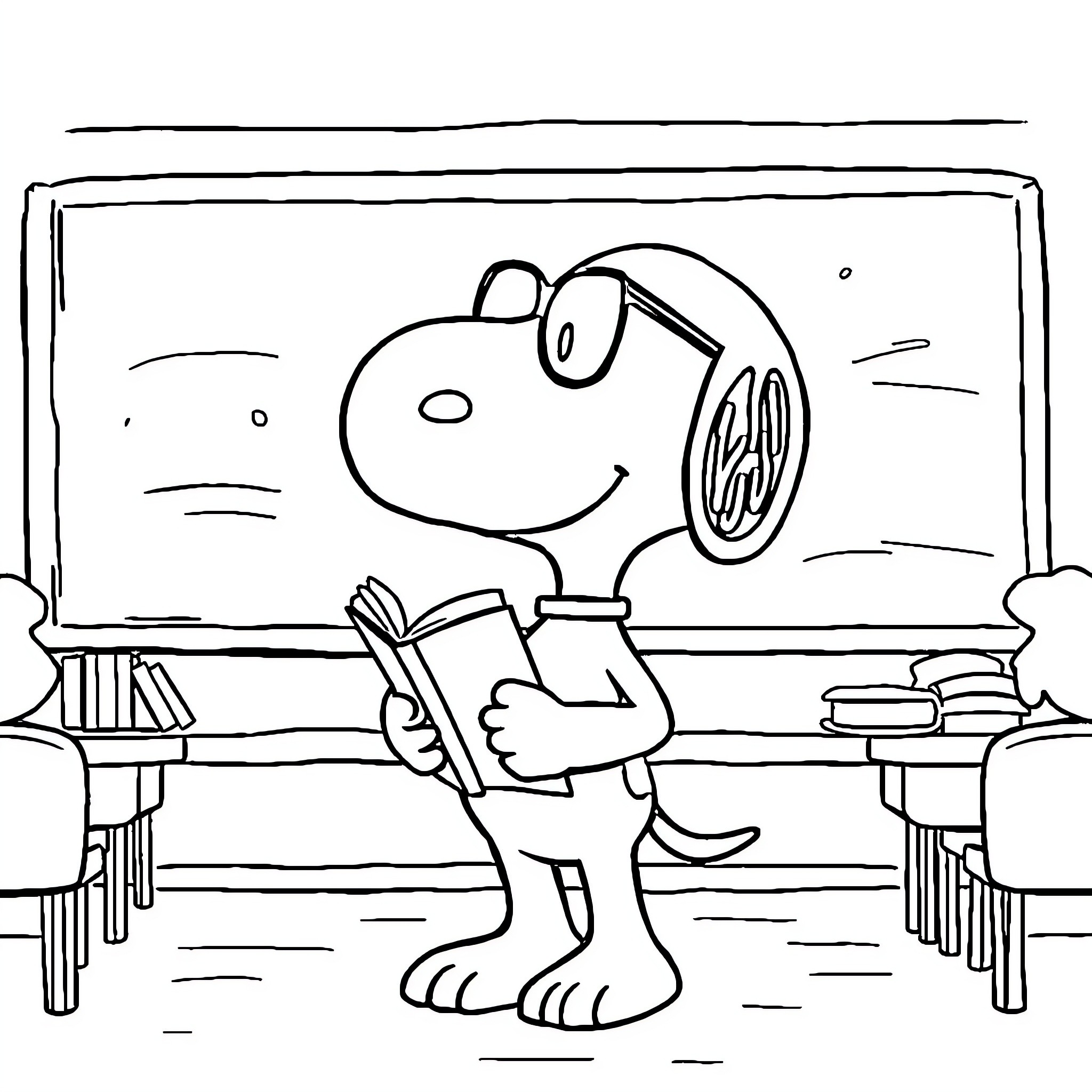 Snoopy reading a book in the classroom Coloring Page (free black-and-white line drawing printable PDF for all, from beginners to advanced learners, including children, teens, adults, and seniors)