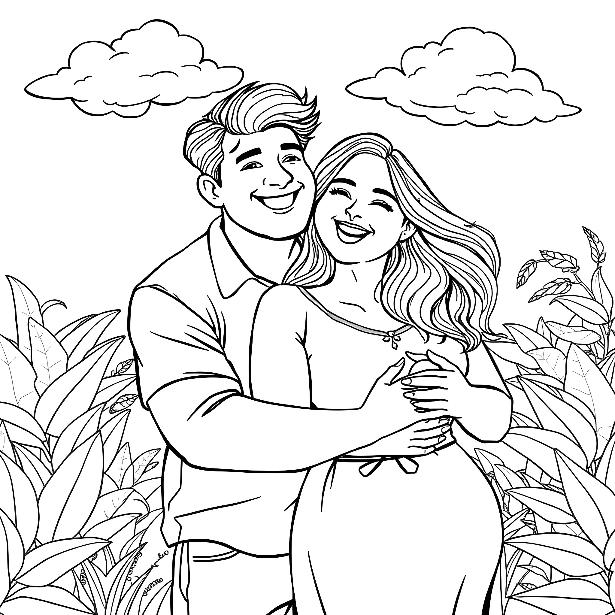 Man and Woman Embracing in Nature Coloring Page (free black-and-white line drawing printable PDF for all, from beginners to advanced learners, including children, teens, adults, and seniors)