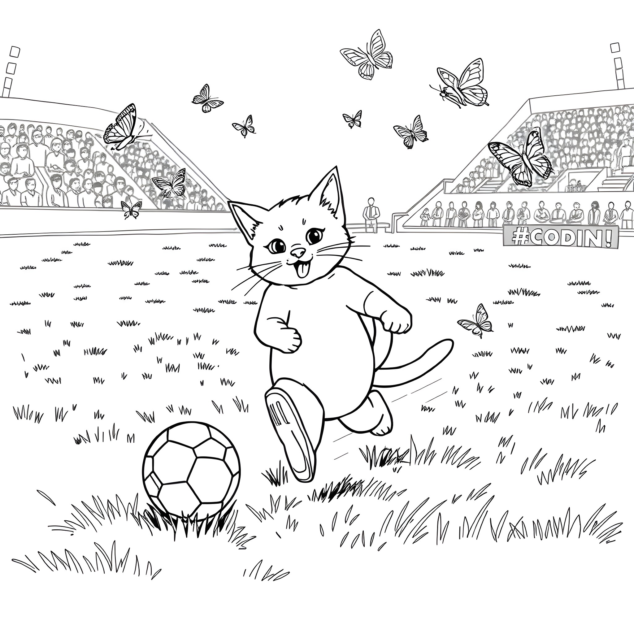 Cat playing with soccer ball in a stadium Coloring Page (free black-and-white line drawing printable PDF for all, from beginners to advanced learners, including children, teens, adults, and seniors)