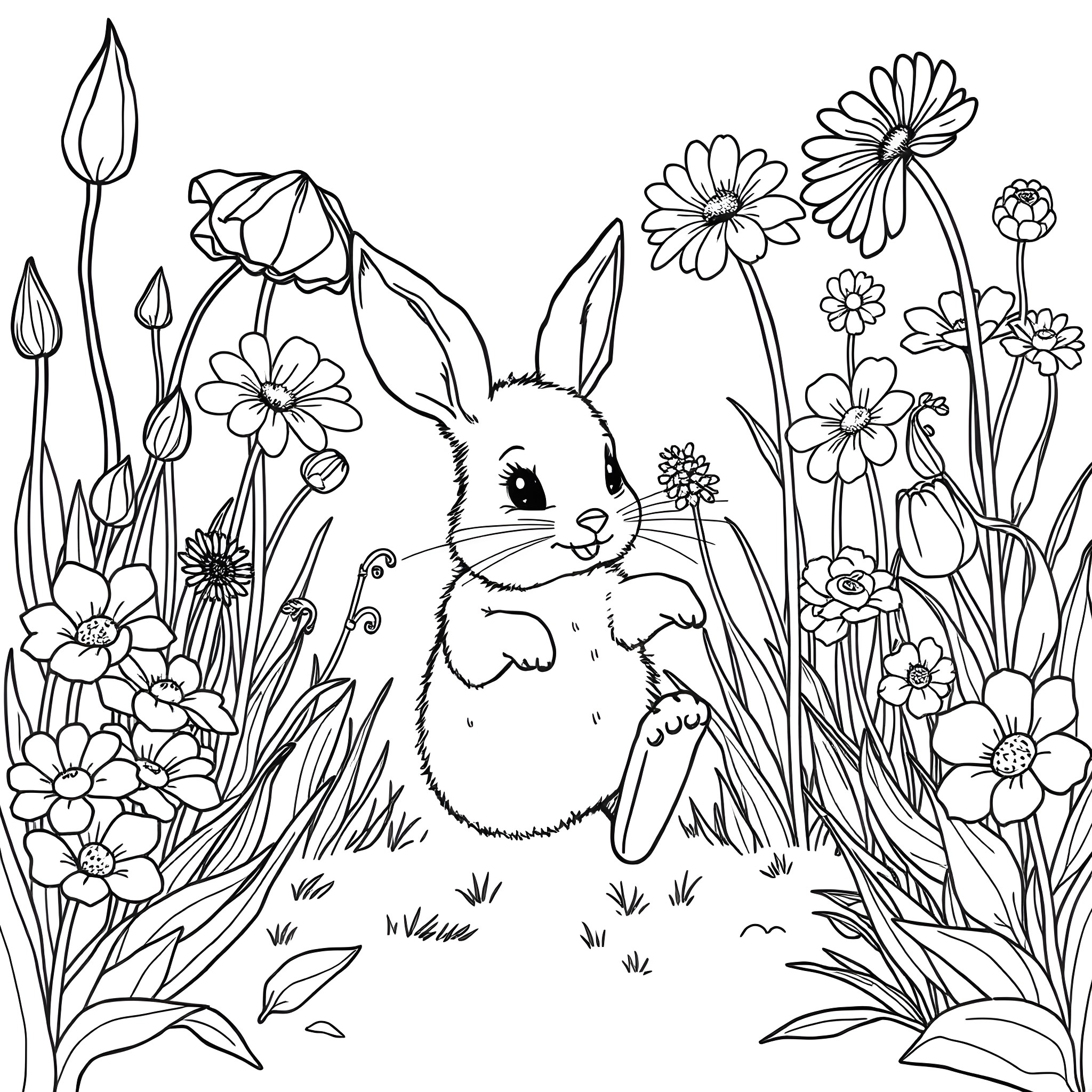 Bunny in a Flower Garden Scene Coloring Page (free black-and-white line drawing printable PDF for all, from beginners to advanced learners, including children, teens, adults, and seniors)