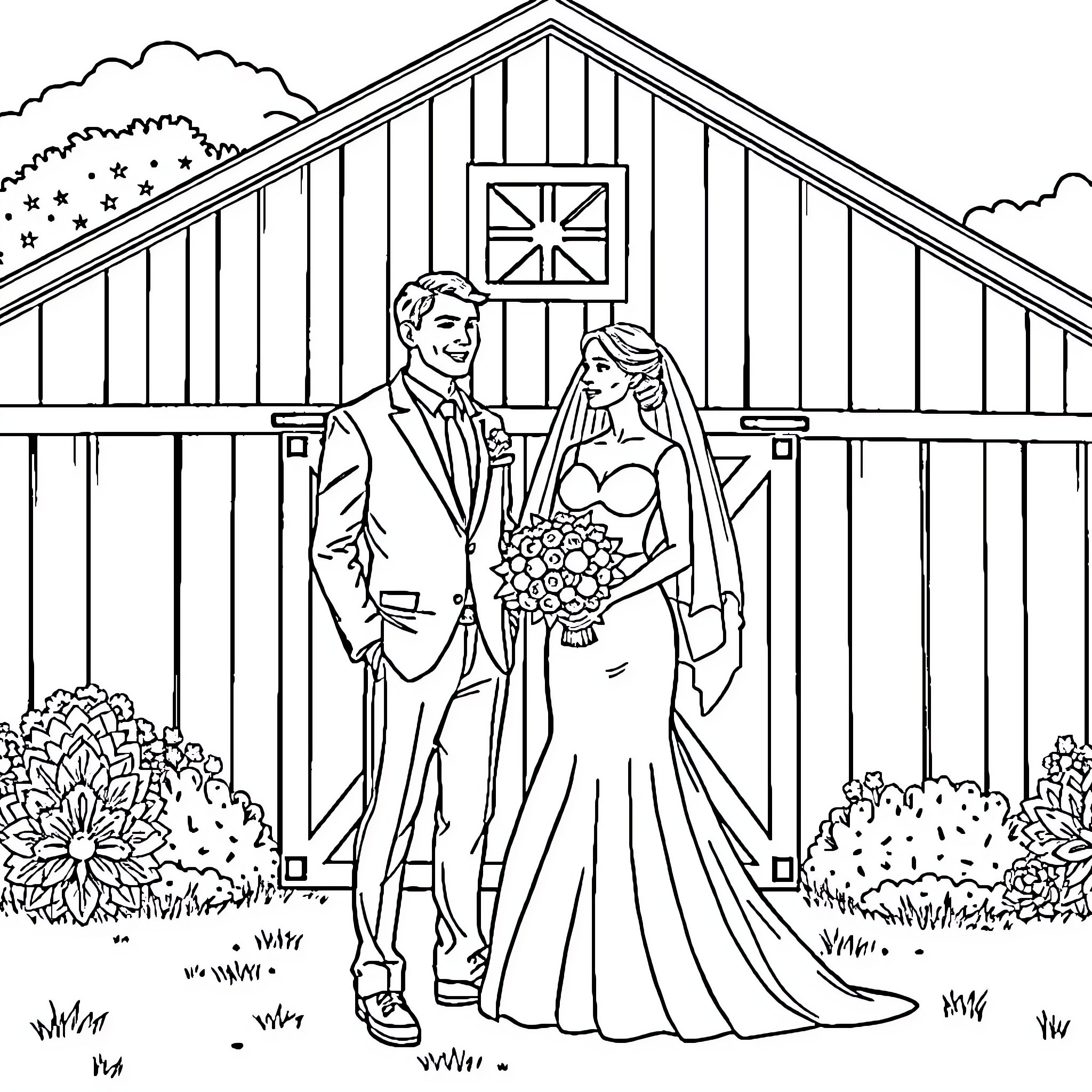 Bride and Groom standing in front of a rustic barn Coloring Page (free black-and-white line drawing printable PDF for all, from beginners to advanced learners, including children, teens, adults, and seniors)
