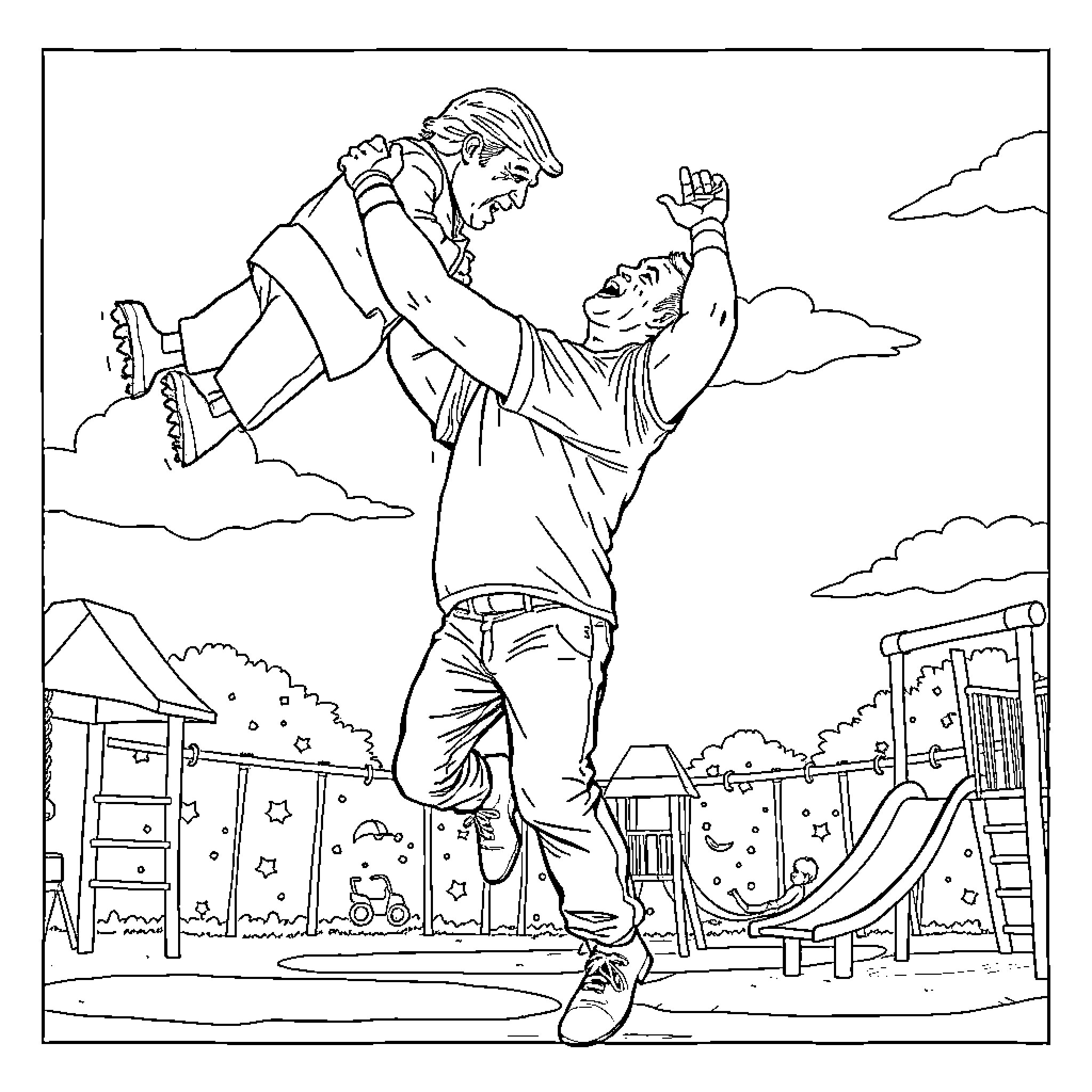 John Cena expressing joy and celebration on the playground Coloring Page (free black-and-white line drawing printable PDF for all, from beginners to advanced learners, including children, teens, adults, and seniors)