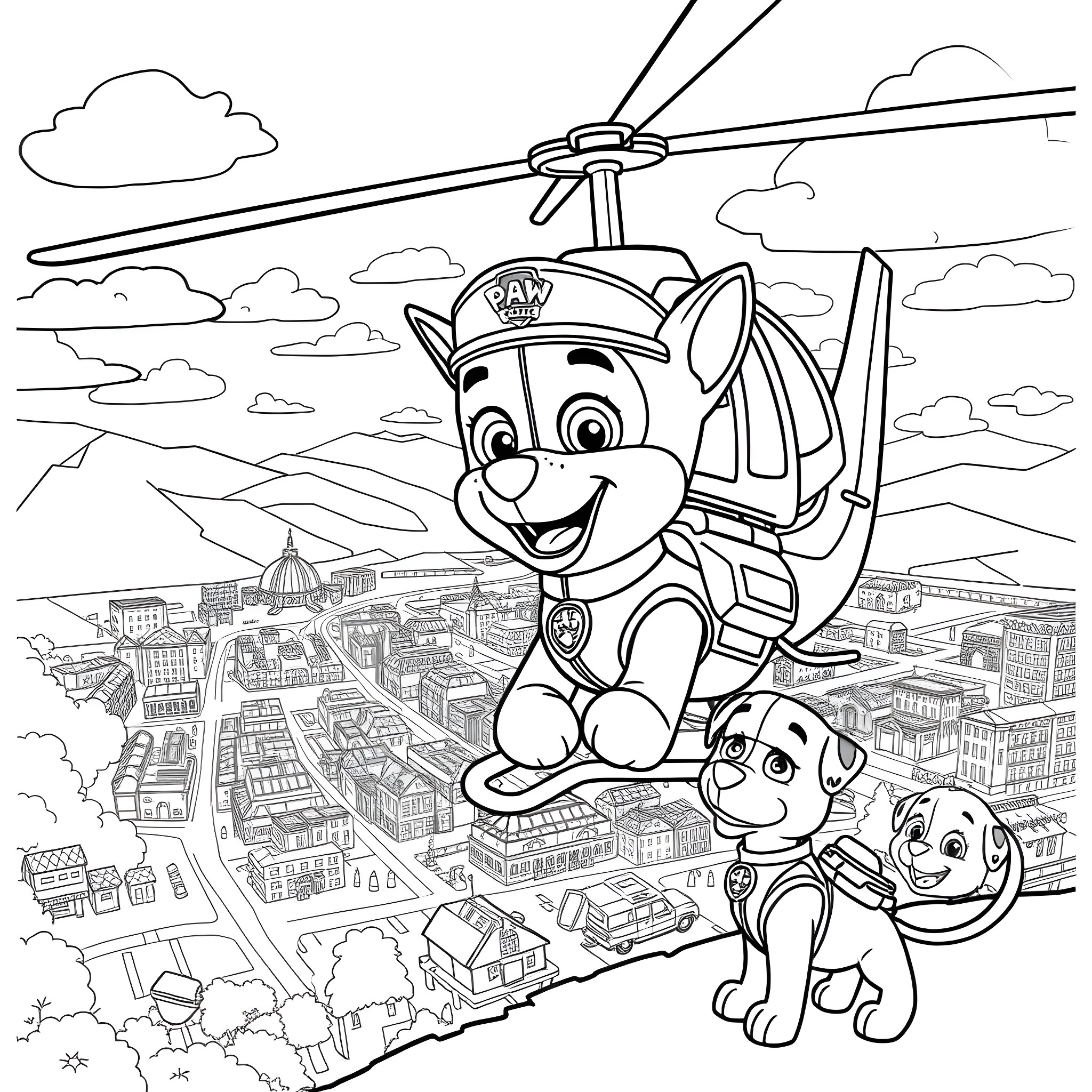 Chase across the city in a helicopter Coloring Page (free black-and-white line drawing printable PDF for all, from beginners to advanced learners, including children, teens, adults, and seniors)