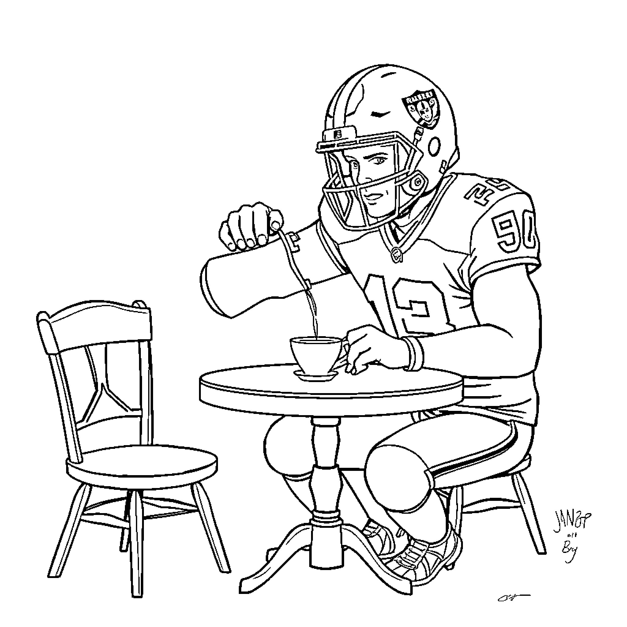 Raider Enjoying a Hot Beverage Coloring Page (free black-and-white line drawing printable PDF for all, from beginners to advanced learners, including children, teens, adults, and seniors)
