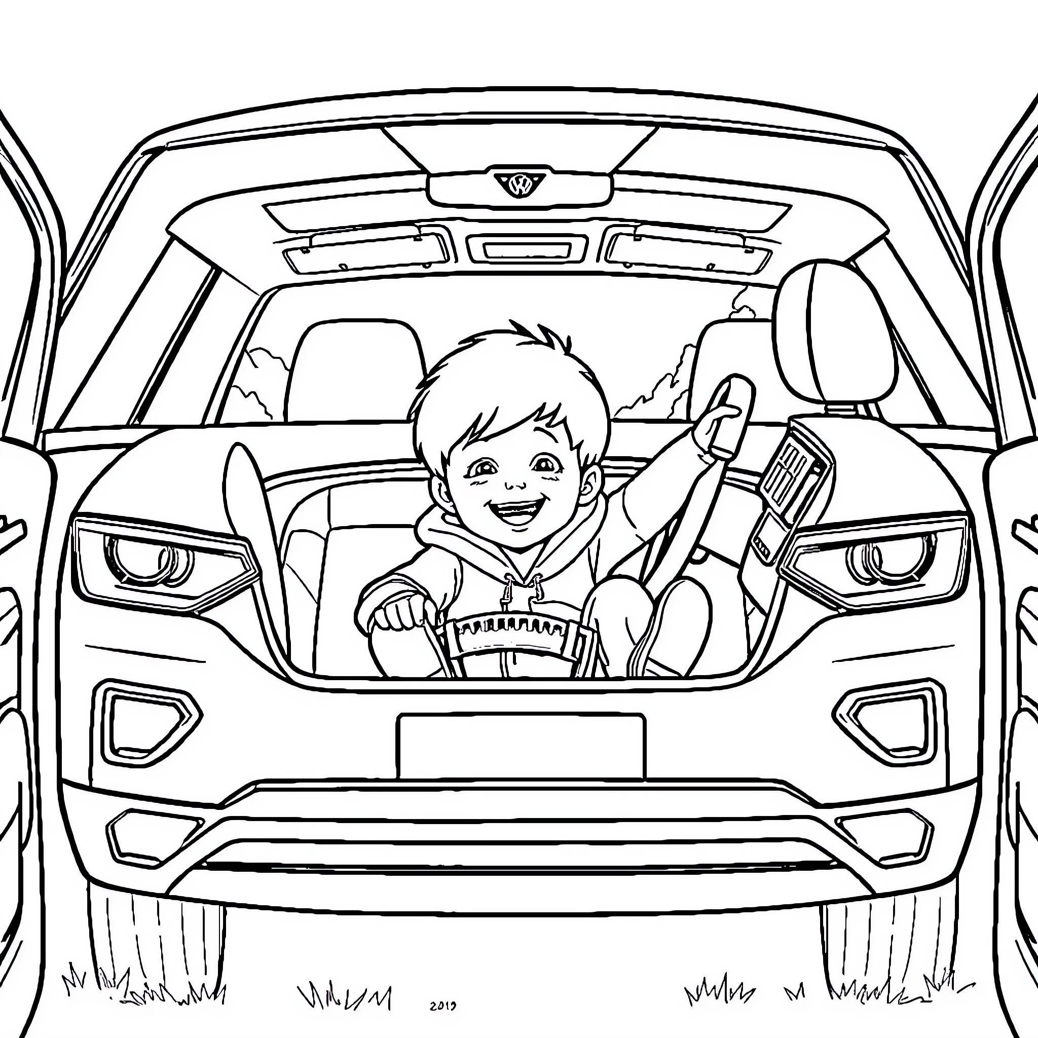 Child driving joyfully in car Coloring Page (free black-and-white line drawing printable PDF for all, from beginners to advanced learners, including children, teens, adults, and seniors)