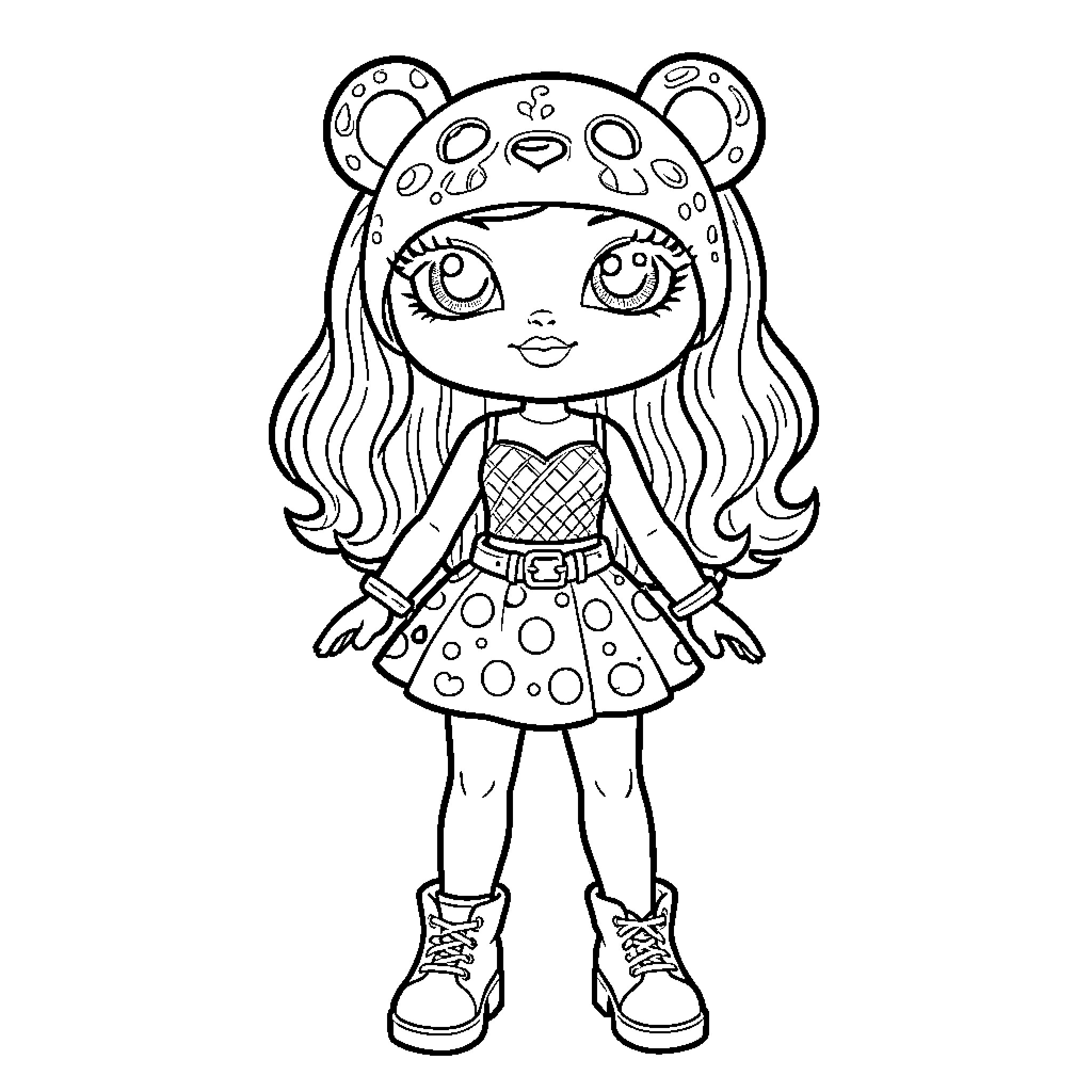 Bratz Doll in Whimsical Outfit and Accessories Coloring Page (free black-and-white line drawing printable PDF for all, from beginners to advanced learners, including children, teens, adults, and seniors)