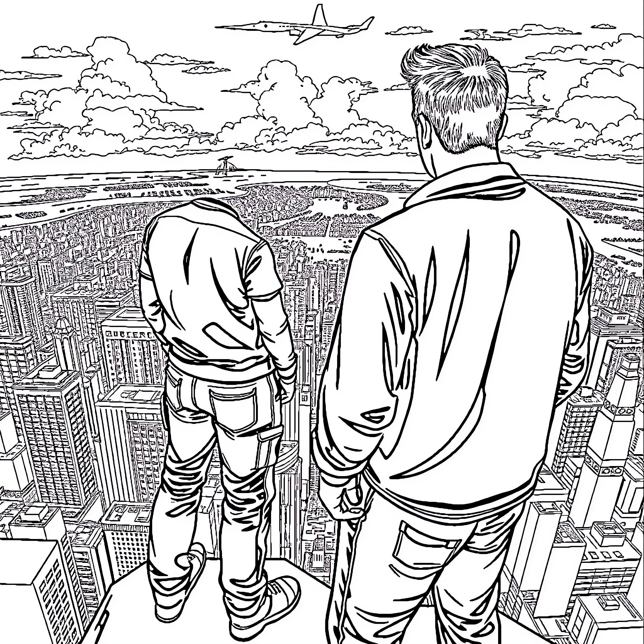 Mark Wahlberg overlooking the city skyline Coloring Page (free black-and-white line drawing printable PDF for all, from beginners to advanced learners, including children, teens, adults, and seniors)