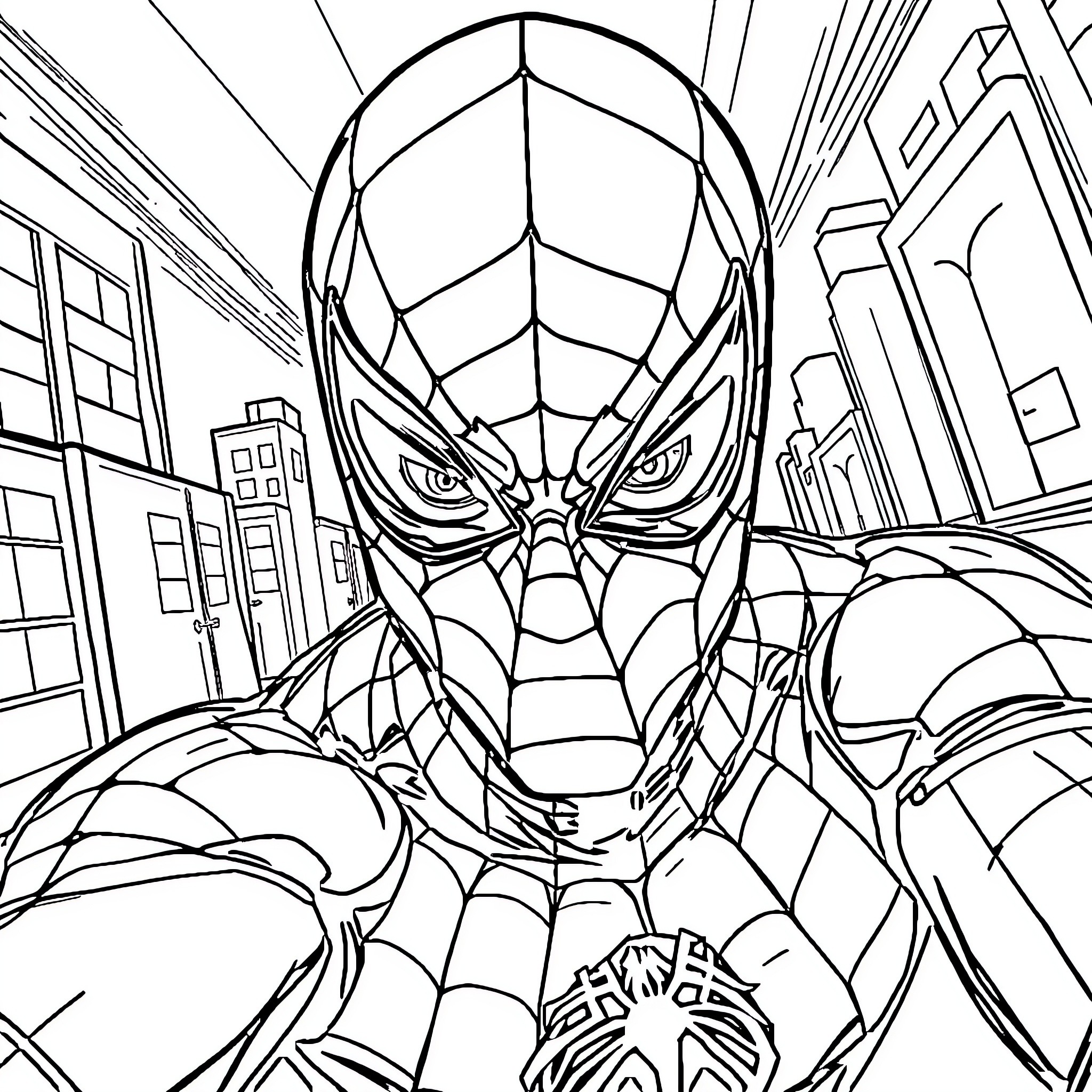 Spiderman Swinging in the City Coloring Page (free black-and-white line drawing printable PDF for all, from beginners to advanced learners, including children, teens, adults, and seniors)