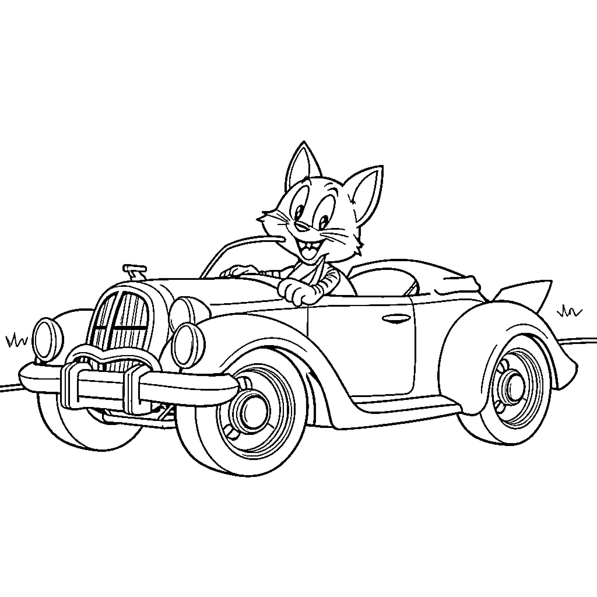 Felix Driving Vintage Automobile with Delight Coloring Page (free black-and-white line drawing printable PDF for all, from beginners to advanced learners, including children, teens, adults, and seniors)