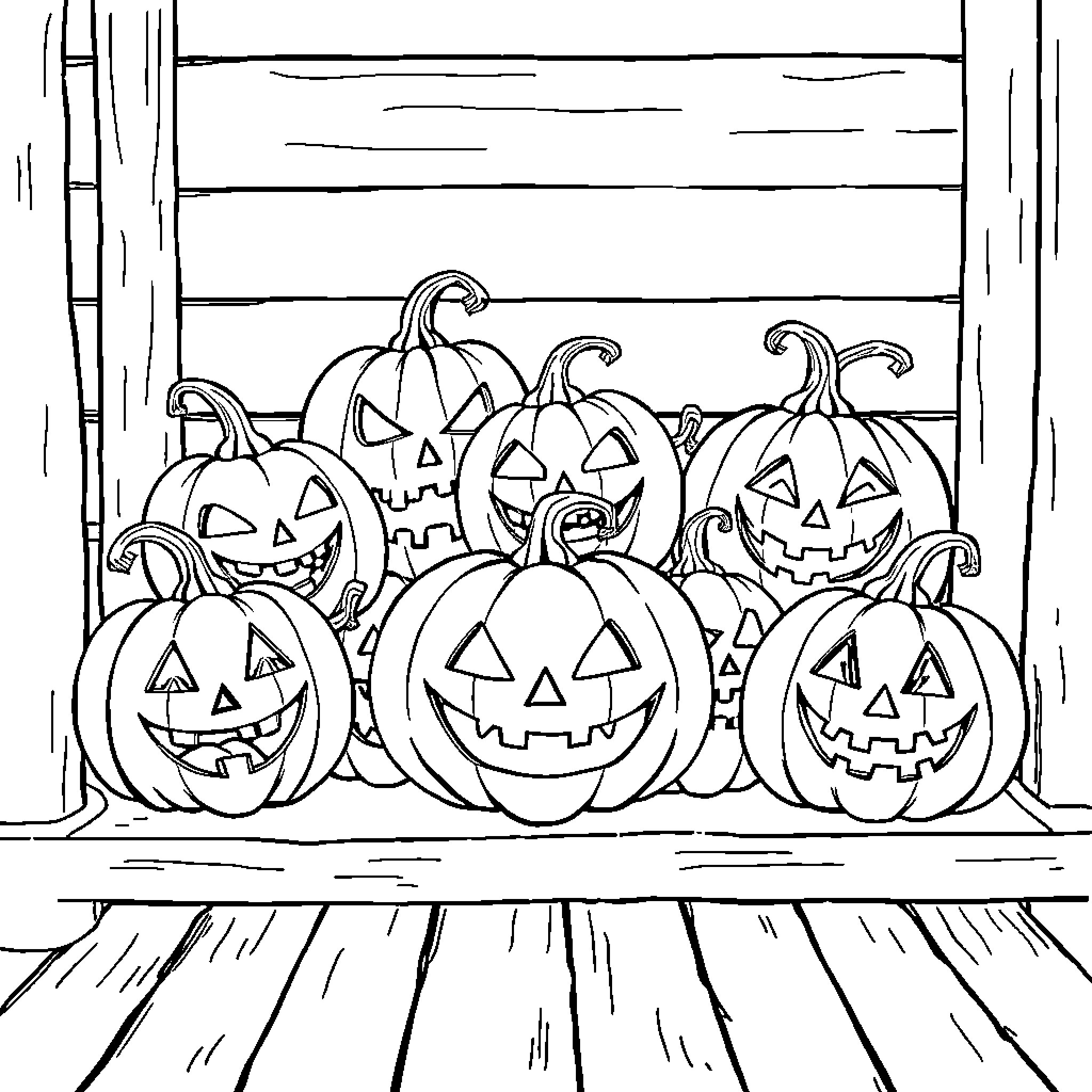 Pumpkins Gathered for Halloween Celebration Coloring Page (free black-and-white line drawing printable PDF for all, from beginners to advanced learners, including children, teens, adults, and seniors)