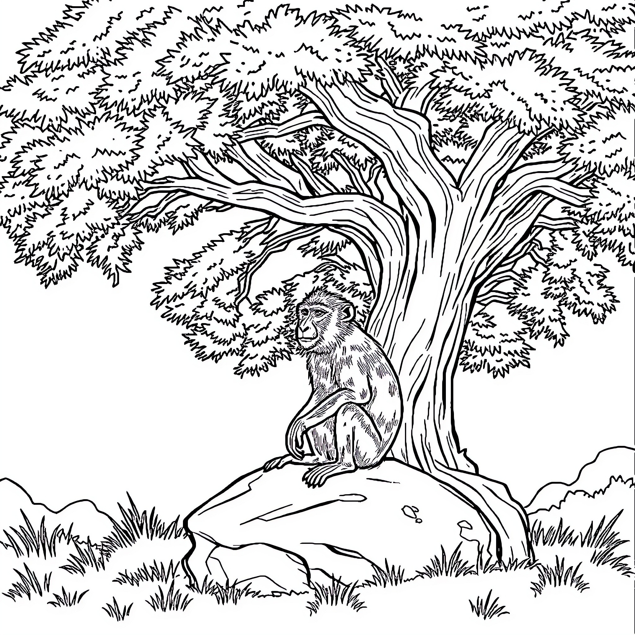 Baboon sitting peacefully under a large tree Coloring Page (free black-and-white line drawing printable PDF for all, from beginners to advanced learners, including children, teens, adults, and seniors)