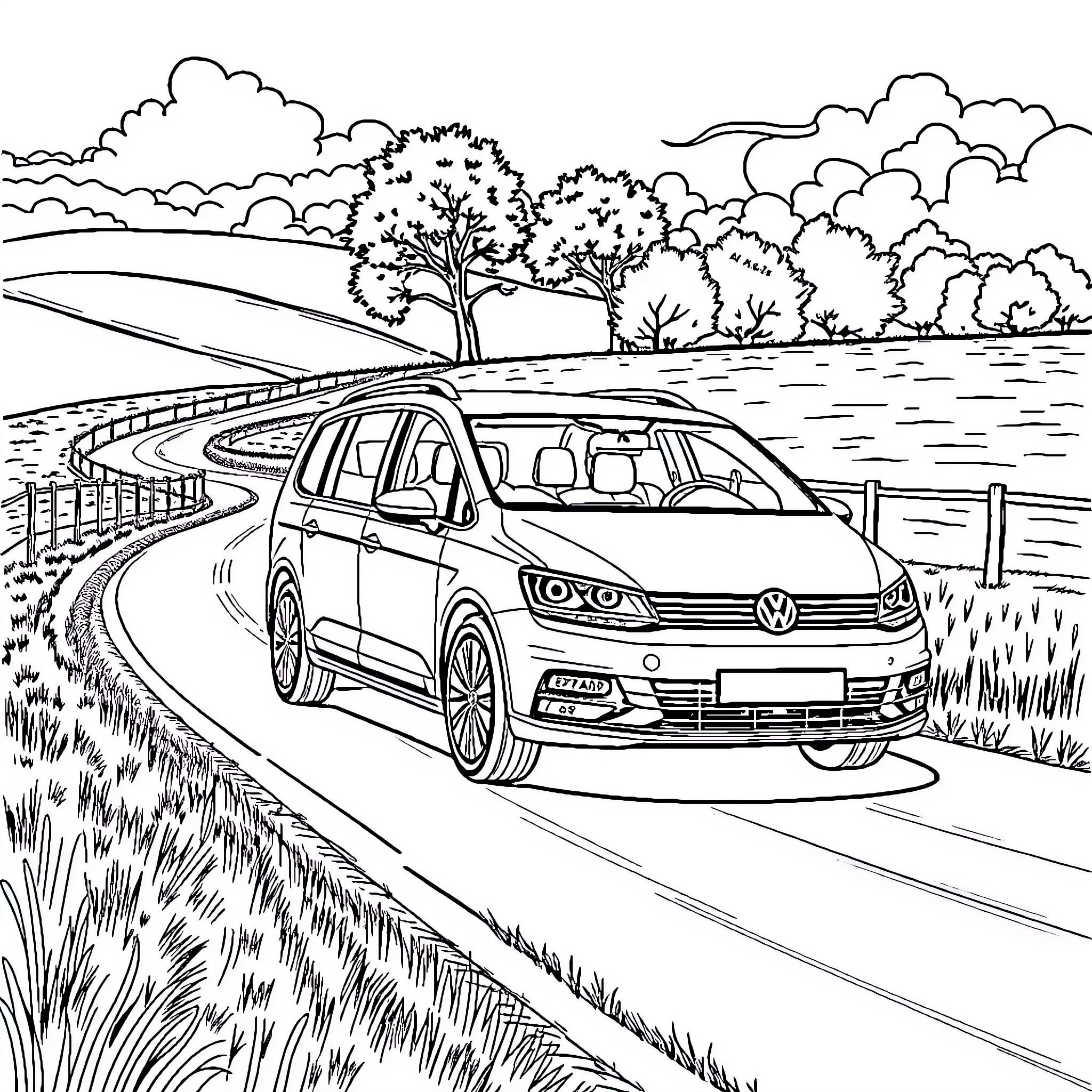 Volkswagen SUV on a scenic country road Coloring Page (free black-and-white line drawing printable PDF for all, from beginners to advanced learners, including children, teens, adults, and seniors)