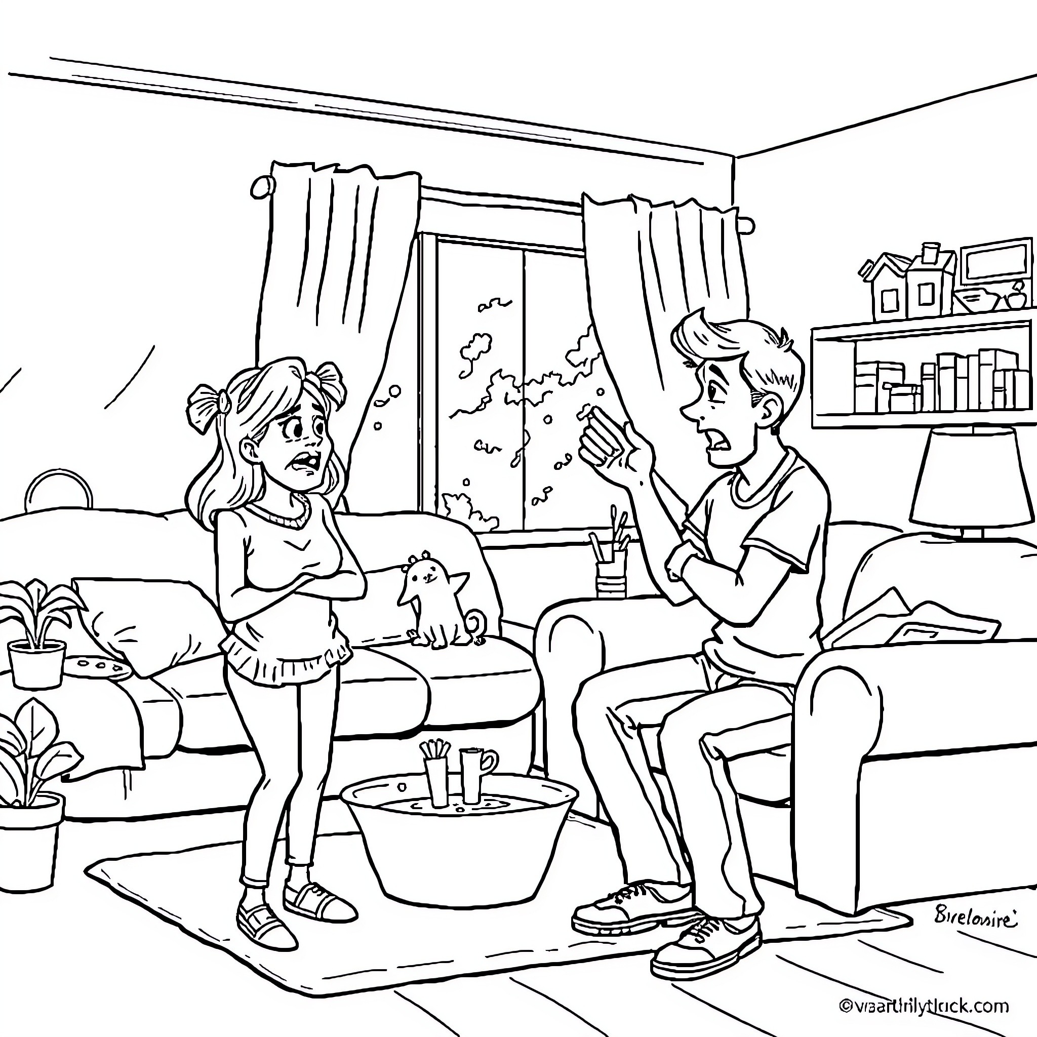 Husband and wife discussing in living room Coloring Page (free black-and-white line drawing printable PDF for all, from beginners to advanced learners, including children, teens, adults, and seniors)
