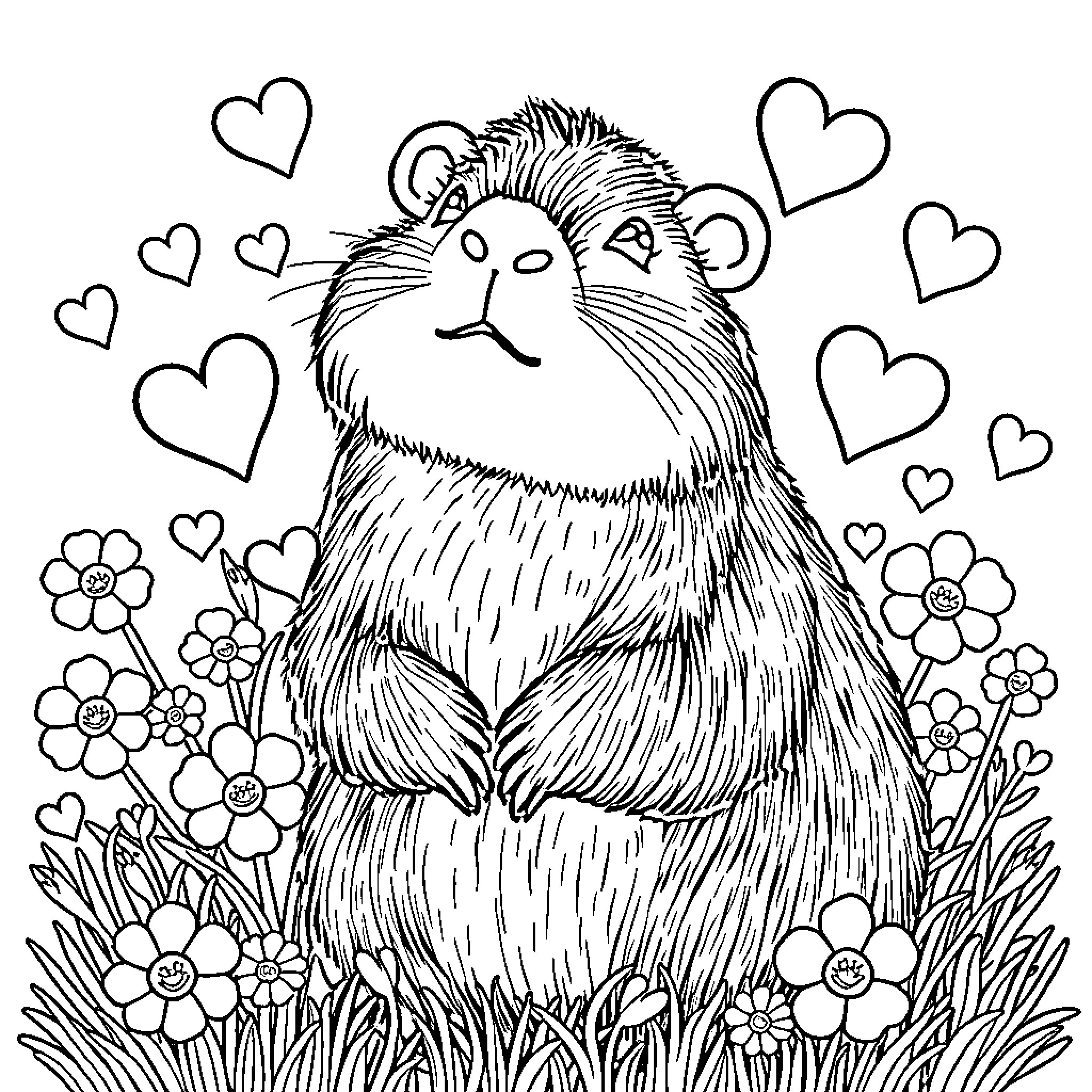 Capybara amidst hearts and flowers Coloring Page (free black-and-white line drawing printable PDF for all, from beginners to advanced learners, including children, teens, adults, and seniors)