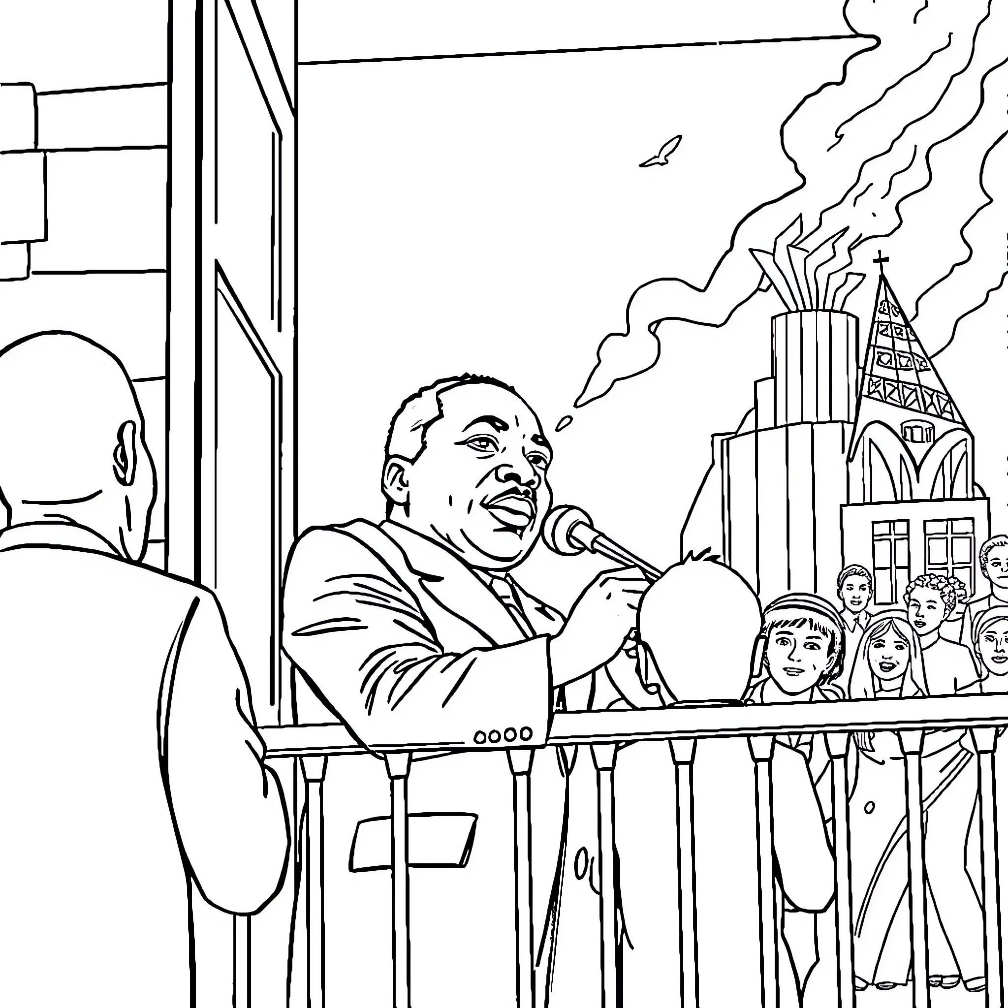 Martin Luther King delivering inspiring speech in front of crowd Coloring Page (free black-and-white line drawing printable PDF for all, from beginners to advanced learners, including children, teens, adults, and seniors)