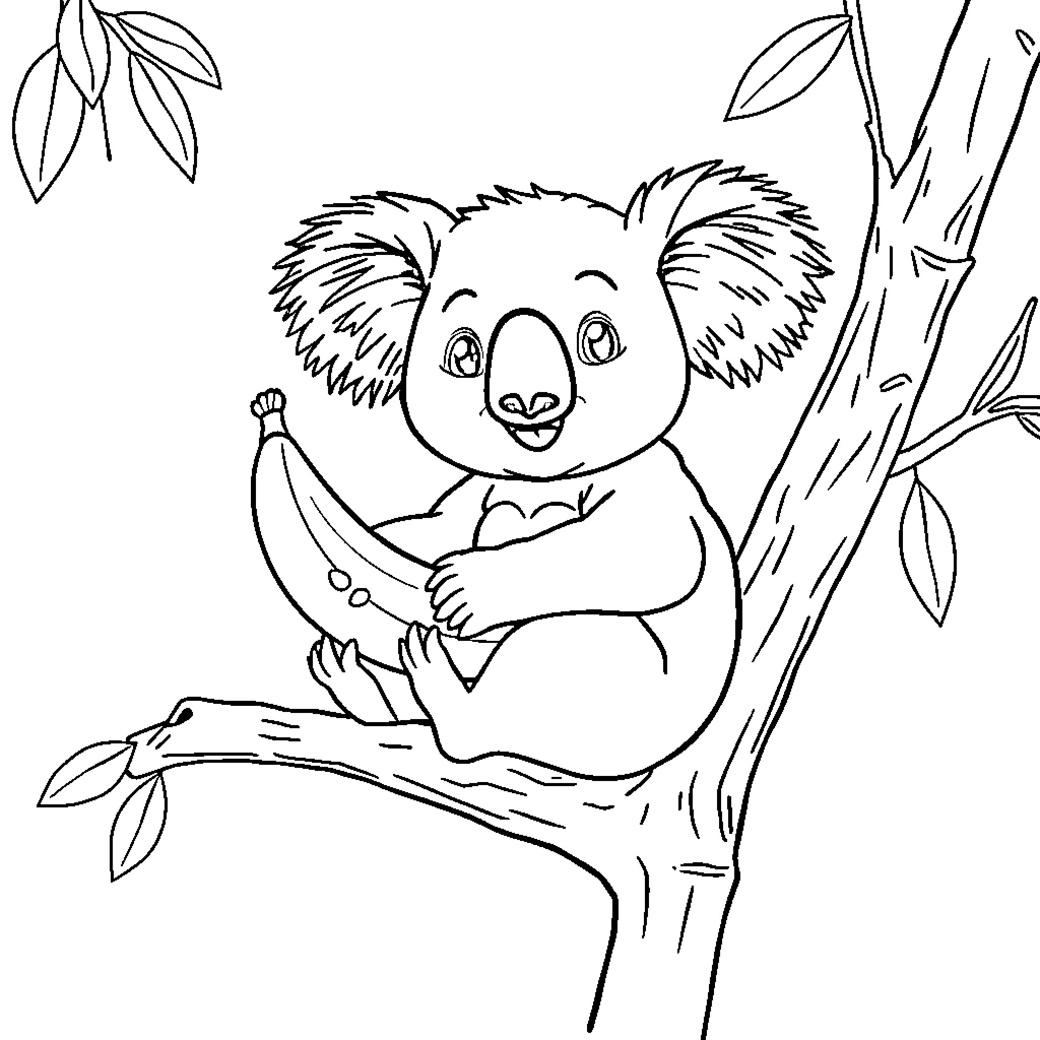 Koala hugging a tree branch happily Coloring Page (free black-and-white line drawing printable PDF for all, from beginners to advanced learners, including children, teens, adults, and seniors)