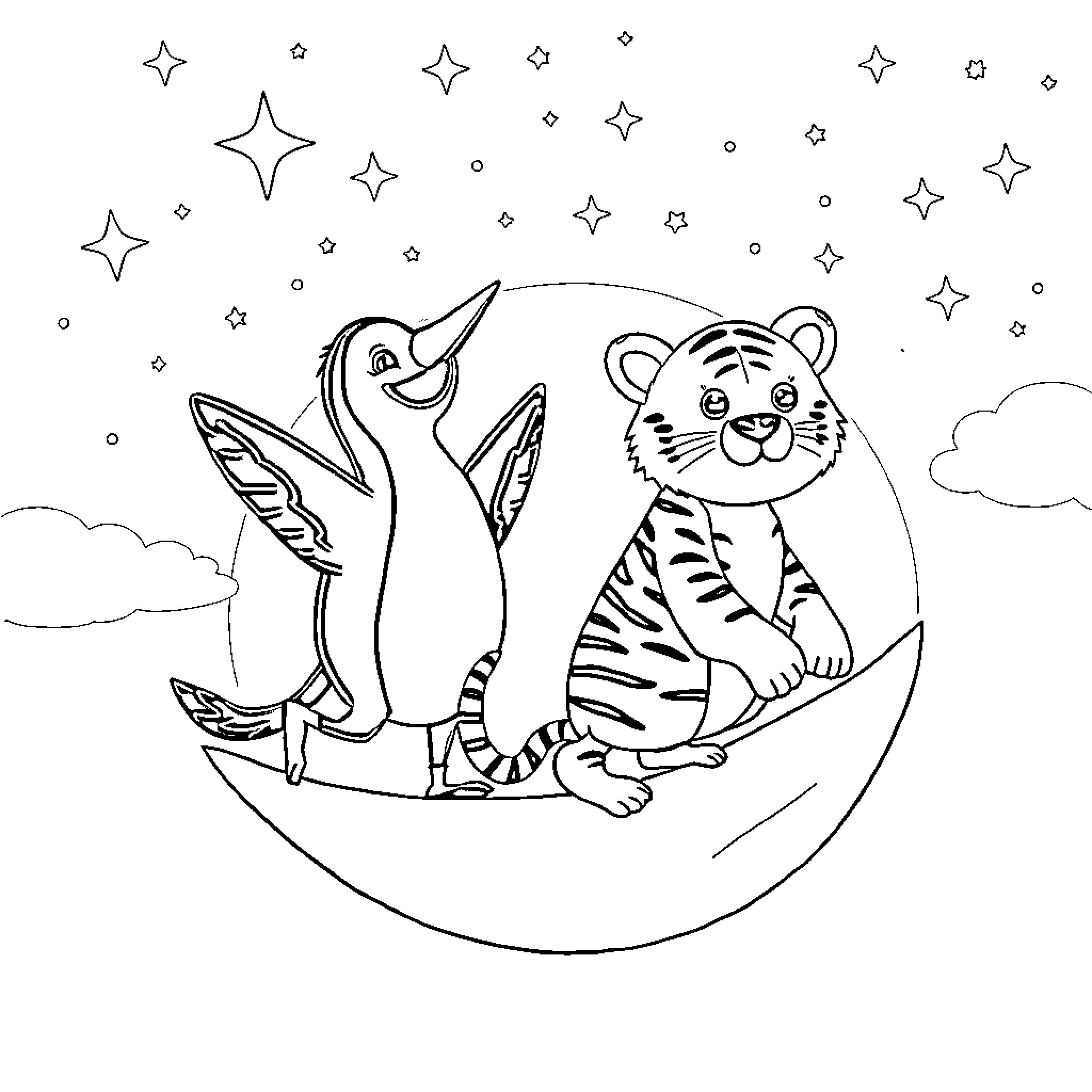 Penguin and tiger playing under the starry night Coloring Page (free black-and-white line drawing printable PDF for all, from beginners to advanced learners, including children, teens, adults, and seniors)