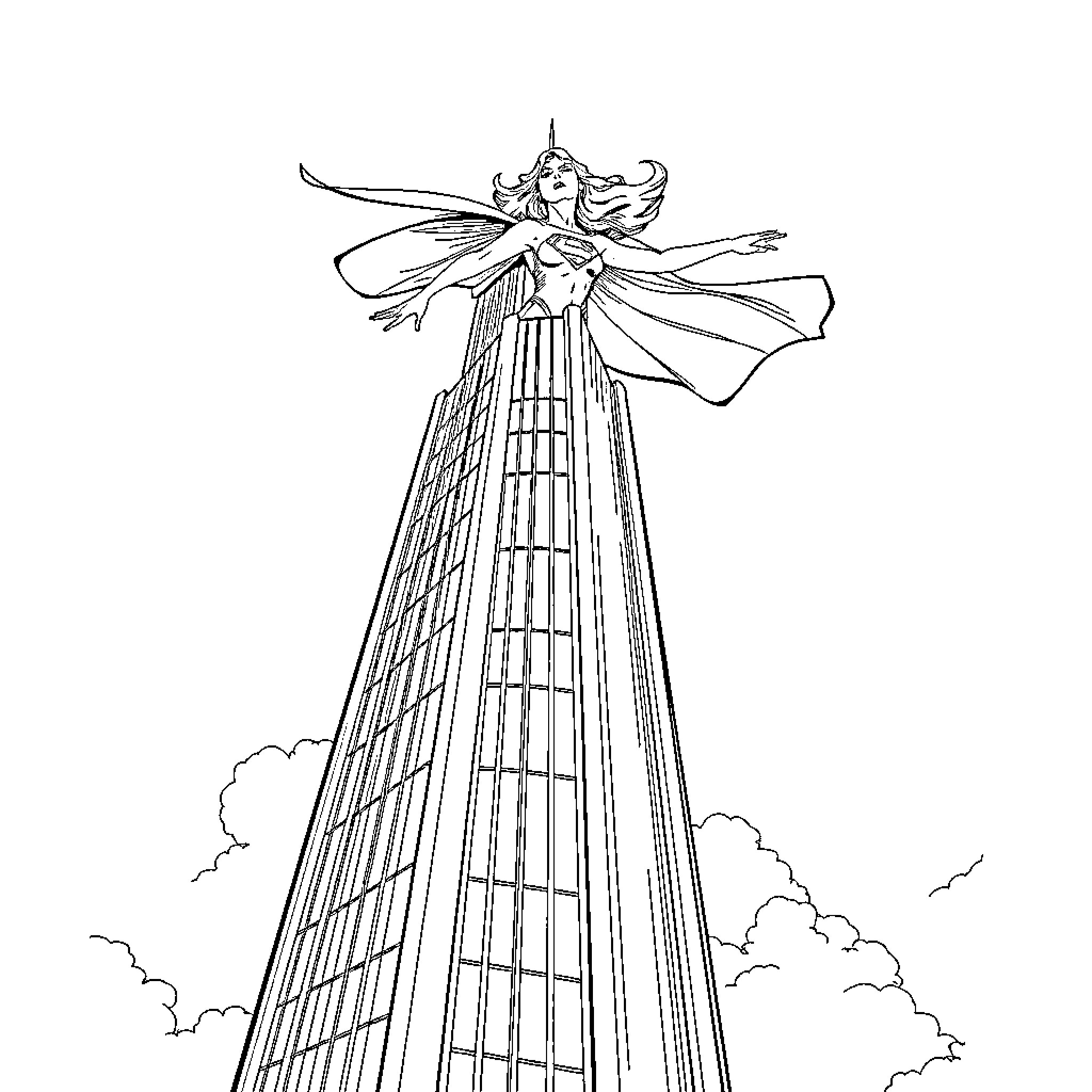 Supergirl soaring over a towering structure Coloring Page (free black-and-white line drawing printable PDF for all, from beginners to advanced learners, including children, teens, adults, and seniors)