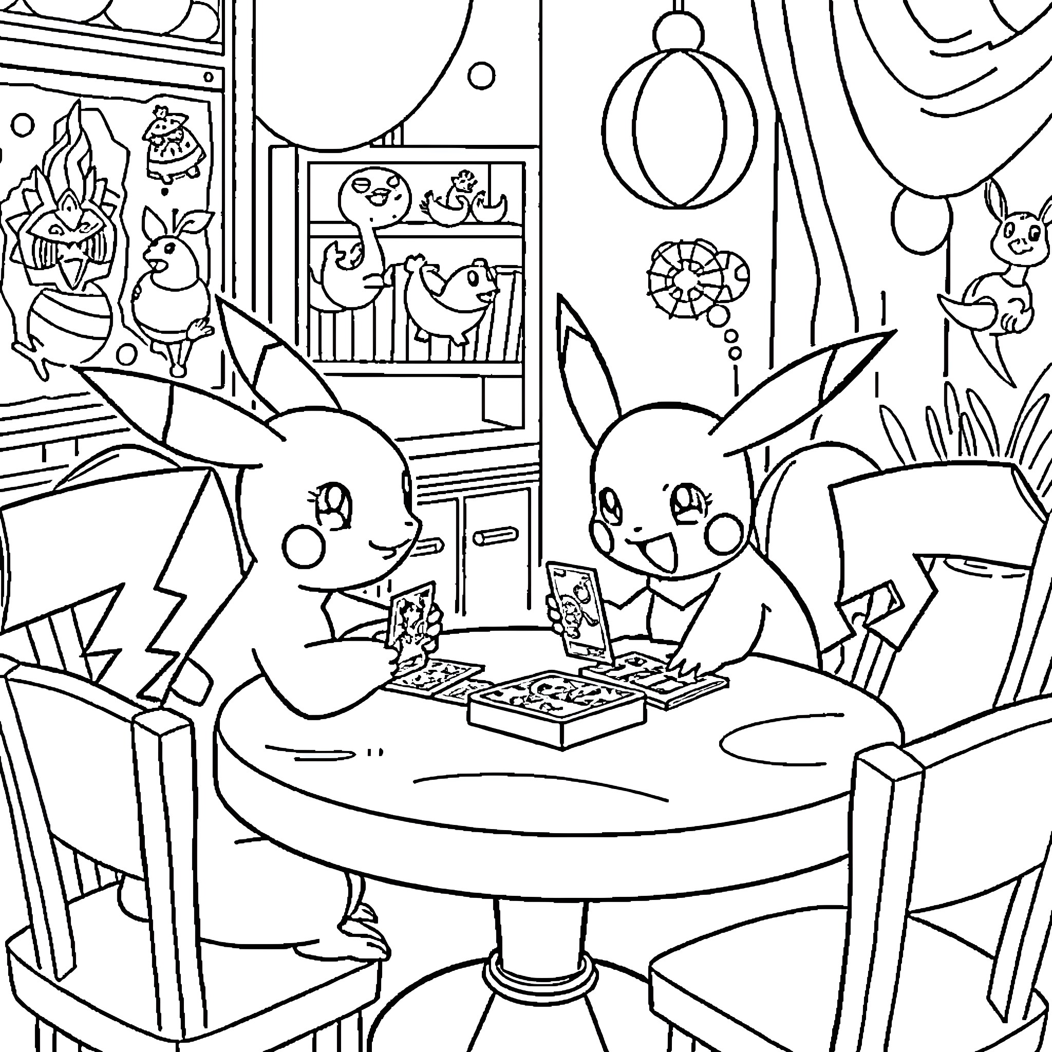 Pokémon enjoying a fun gaming session together Coloring Page (free black-and-white line drawing printable PDF for all, from beginners to advanced learners, including children, teens, adults, and seniors)