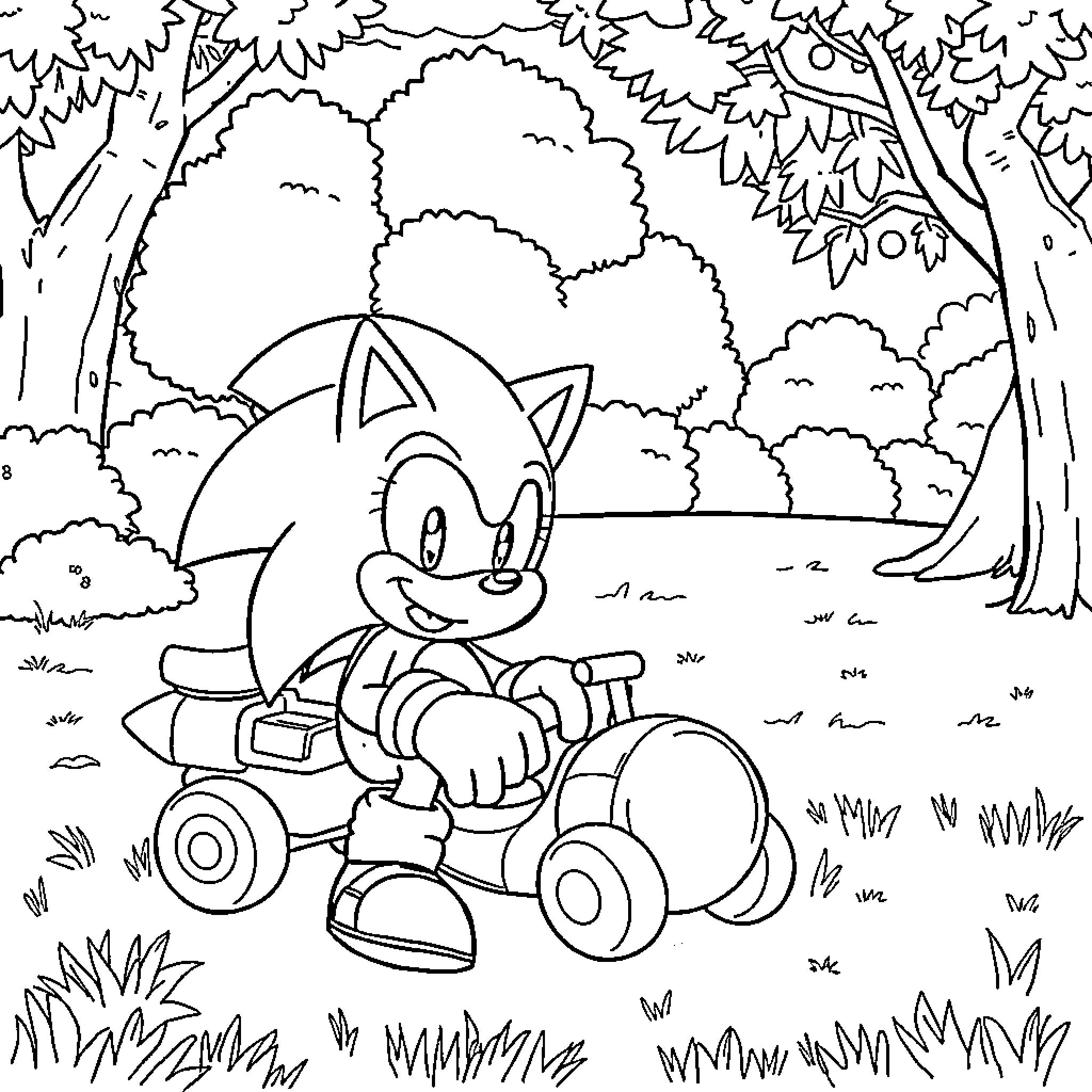 Sonic's Thrilling ATV Adventure in the Enchanted Forest Coloring Page (free black-and-white line drawing printable PDF for all, from beginners to advanced learners, including children, teens, adults, and seniors)