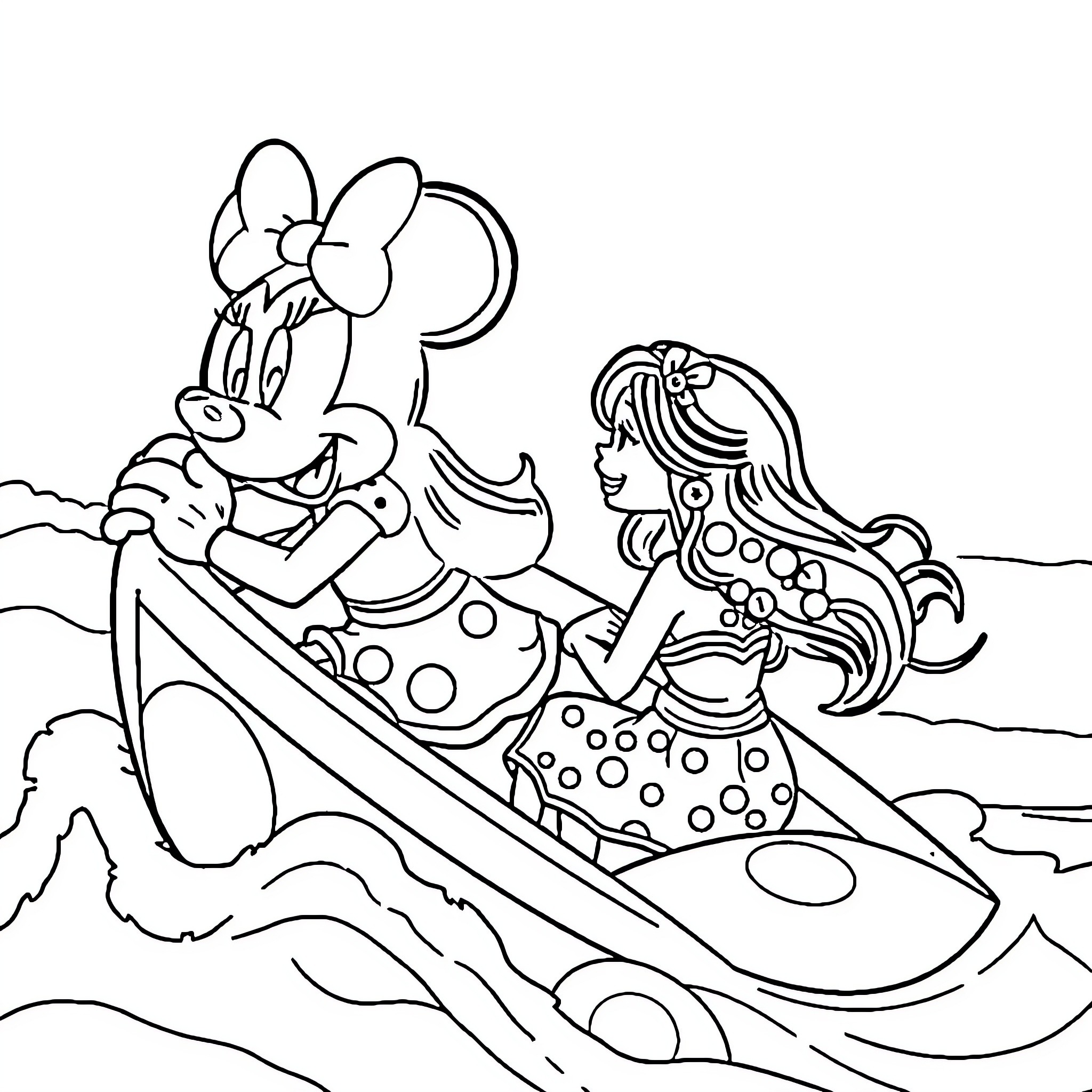 Minnie Mouse and Mermaid Enjoying a Boat Ride Coloring Page (free black-and-white line drawing printable PDF for all, from beginners to advanced learners, including children, teens, adults, and seniors)