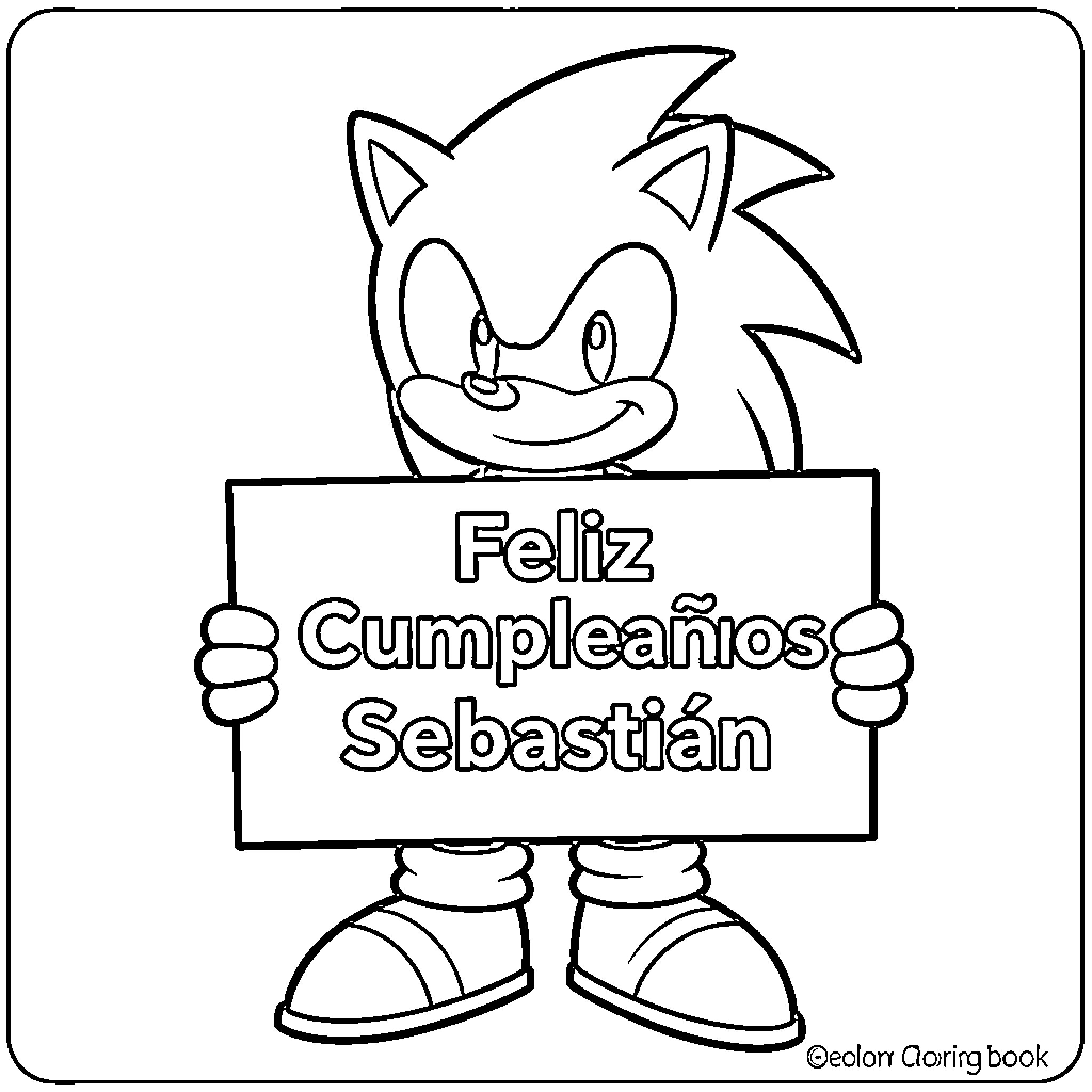 Sonic smiling while holding a birthday sign Coloring Page (free black-and-white line drawing printable PDF for all, from beginners to advanced learners, including children, teens, adults, and seniors)