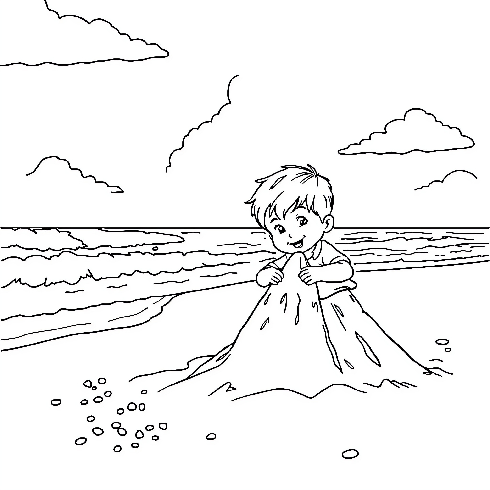 Kid playing happily on the beach Coloring Page (free black-and-white line drawing printable PDF for all, from beginners to advanced learners, including children, teens, adults, and seniors)
