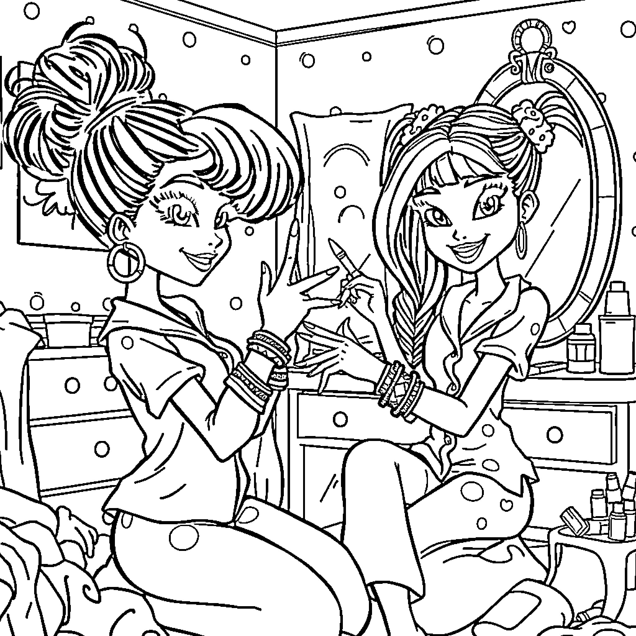 Bratz girls getting ready for a night out Coloring Page (free black-and-white line drawing printable PDF for all, from beginners to advanced learners, including children, teens, adults, and seniors)