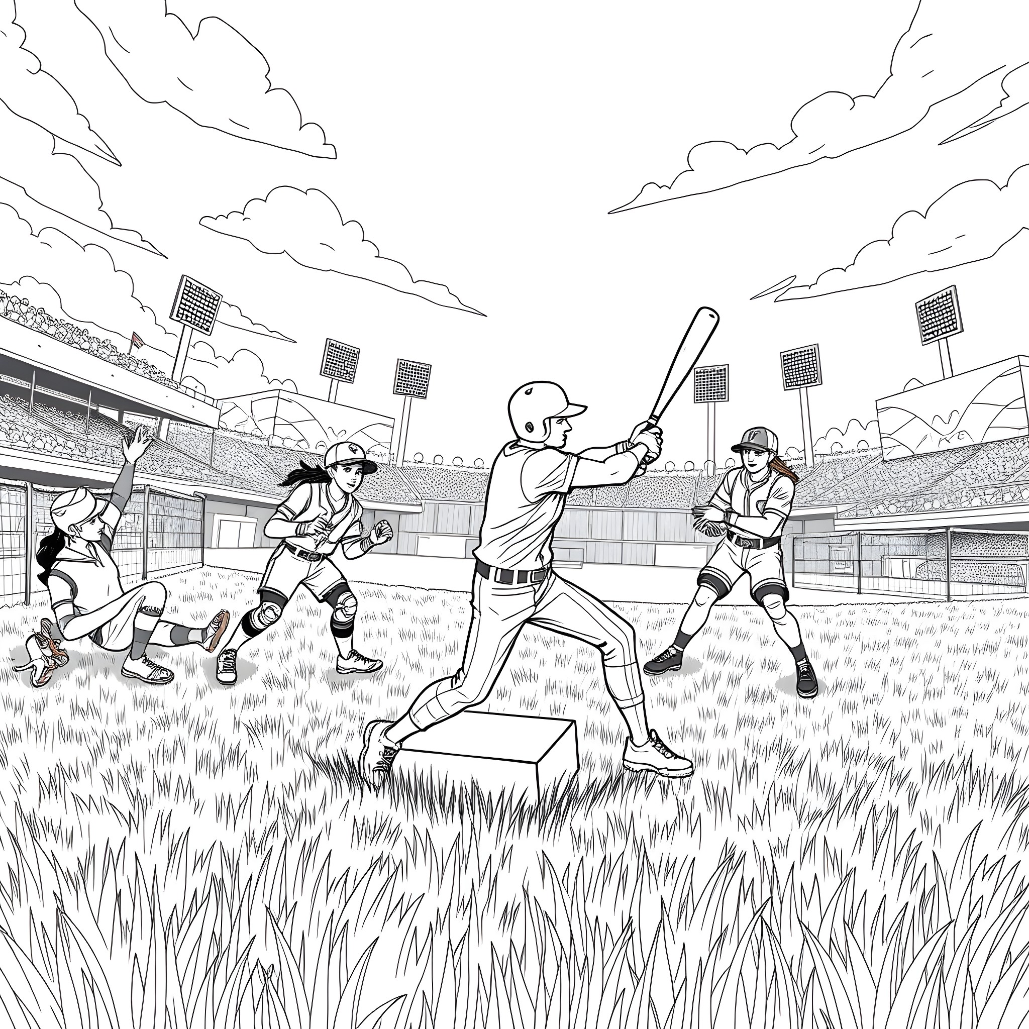 Fortnite Character Baseball Game in the Park Coloring Page (free black-and-white line drawing printable PDF for all, from beginners to advanced learners, including children, teens, adults, and seniors)