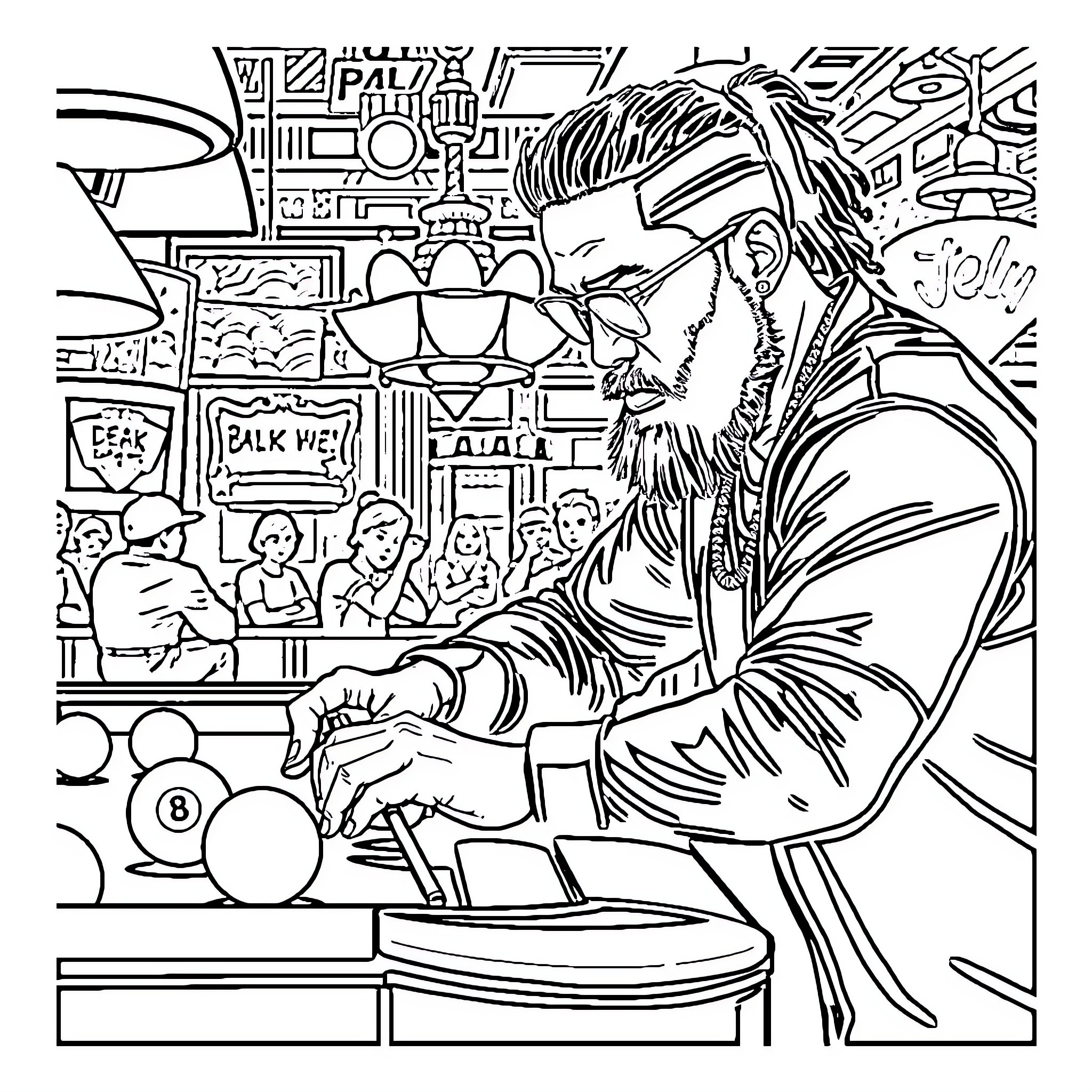 Jey Uso's Intense Billiards Game in a Lively Bar Coloring Page (free black-and-white line drawing printable PDF for all, from beginners to advanced learners, including children, teens, adults, and seniors)