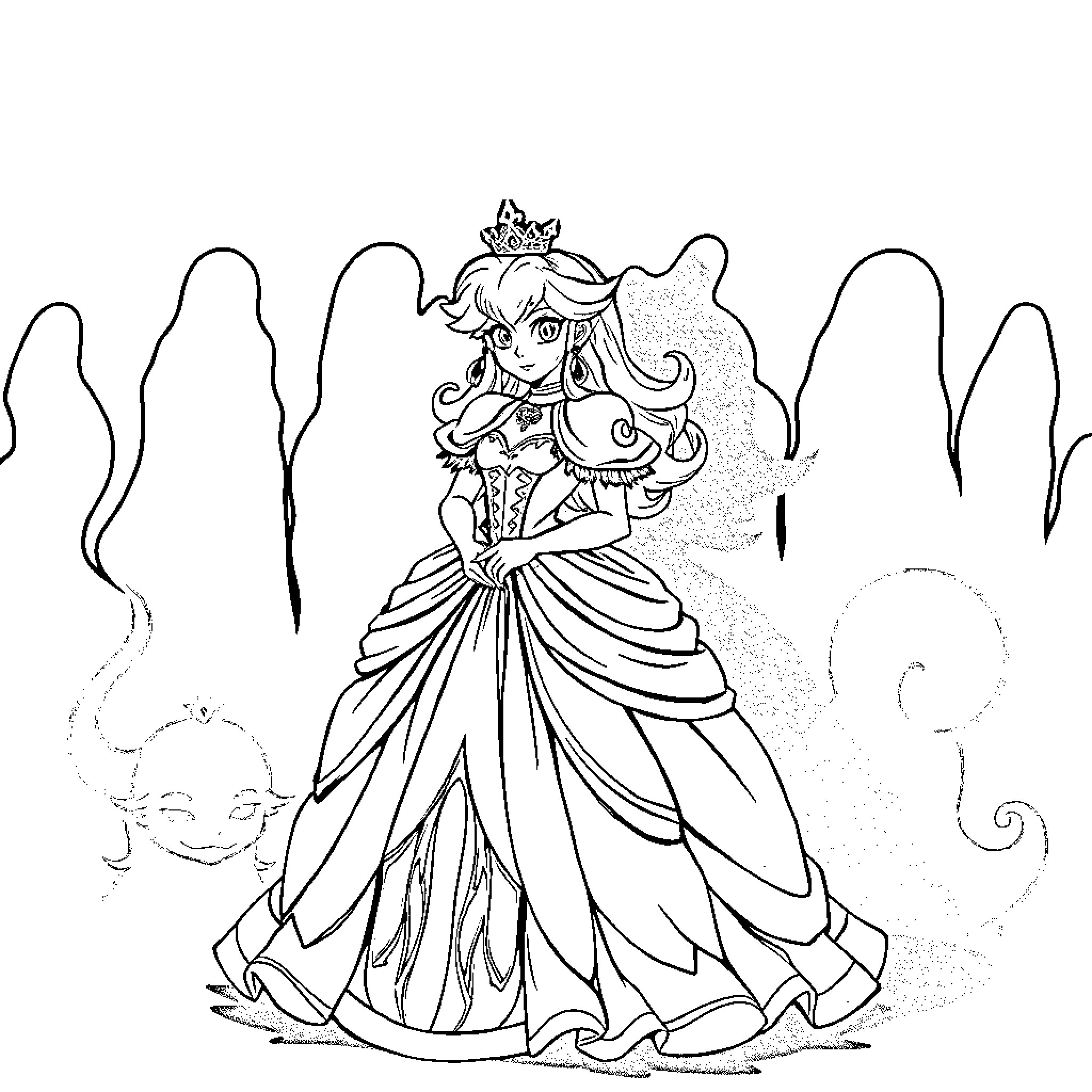 Princess in Elegant Gown Holding Ornate Scepter Coloring Page (free black-and-white line drawing printable PDF for all, from beginners to advanced learners, including children, teens, adults, and seniors)