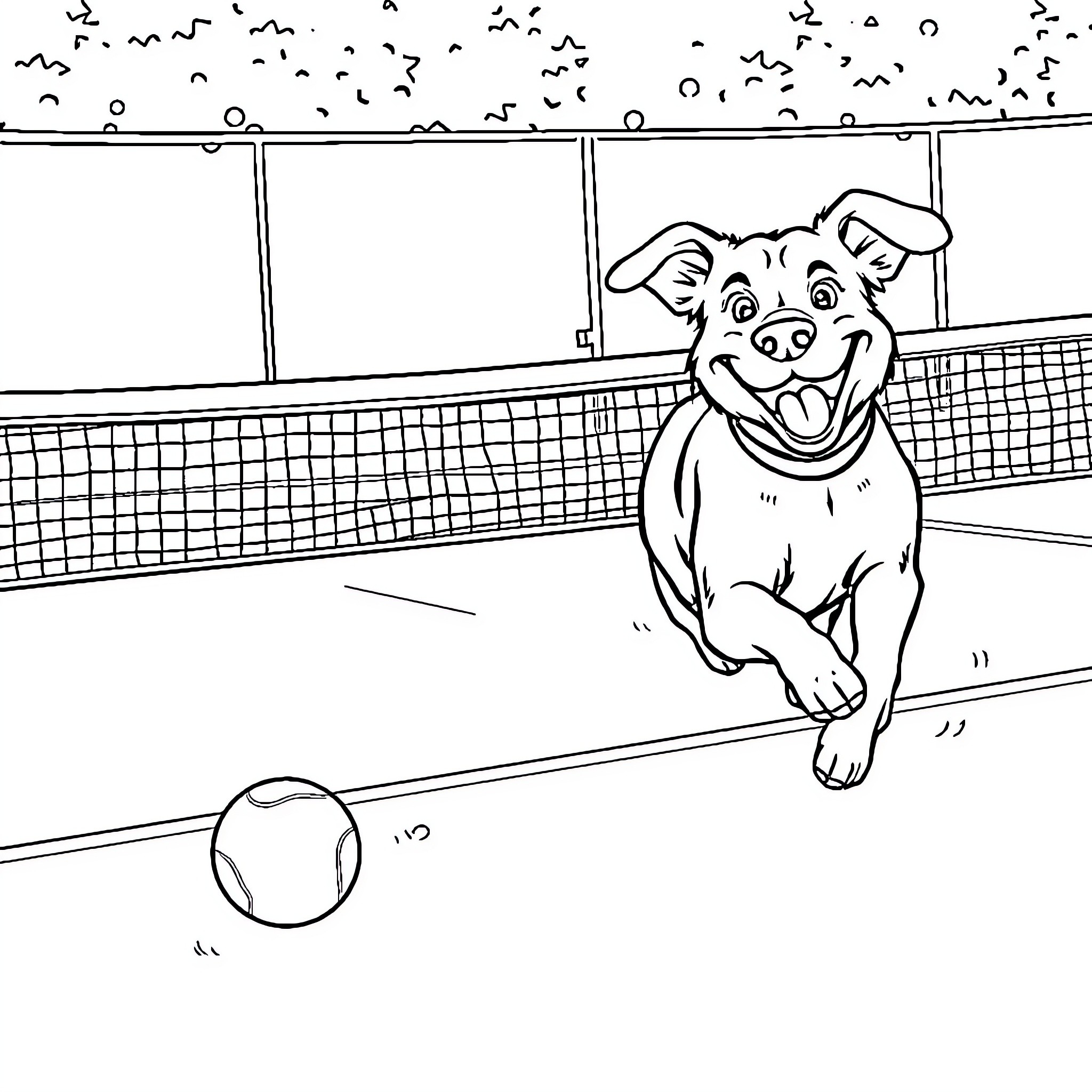 Dog playing happily with a tennis ball on the court Coloring Page (free black-and-white line drawing printable PDF for all, from beginners to advanced learners, including children, teens, adults, and seniors)