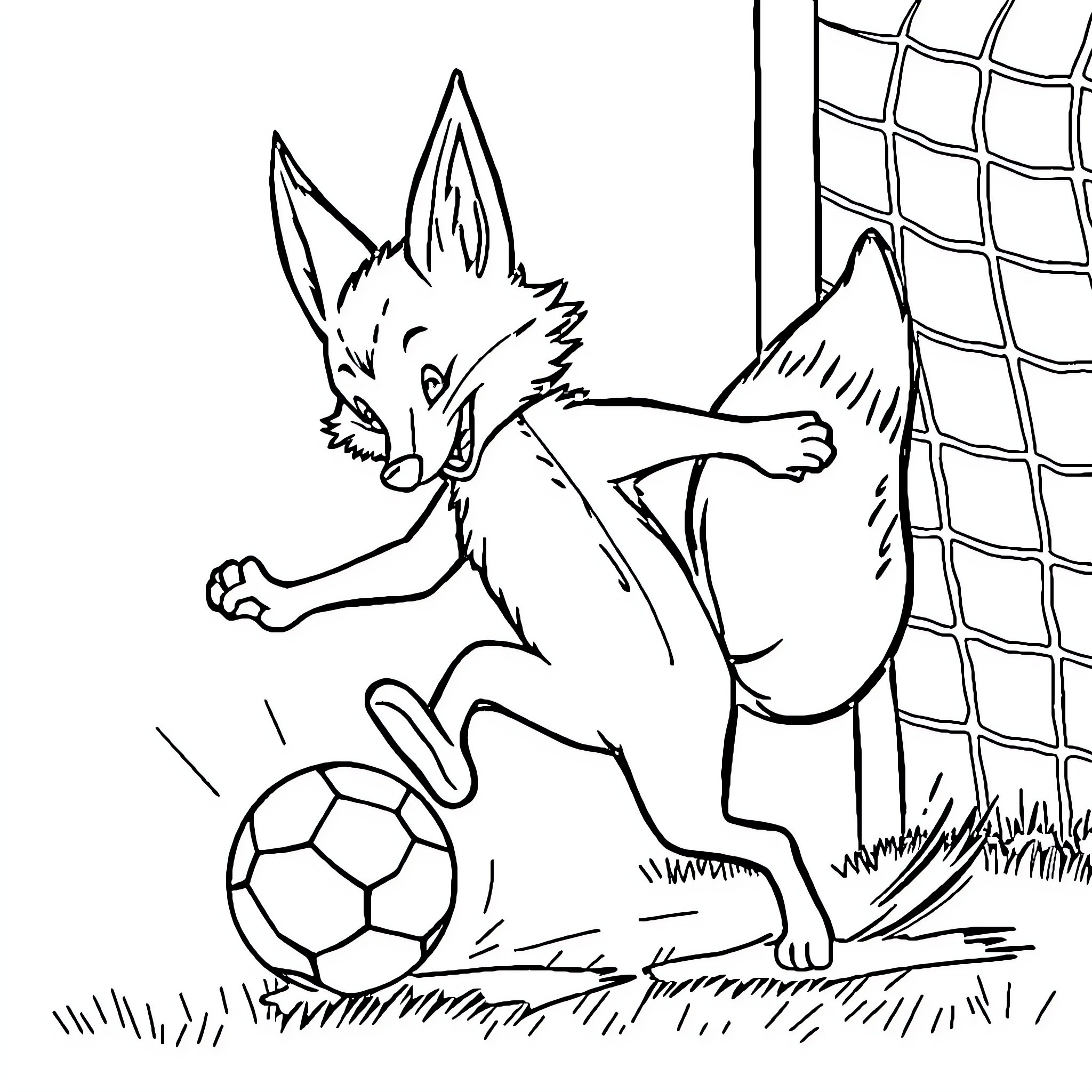 Fox playing with soccer ball on field Coloring Page (free black-and-white line drawing printable PDF for all, from beginners to advanced learners, including children, teens, adults, and seniors)