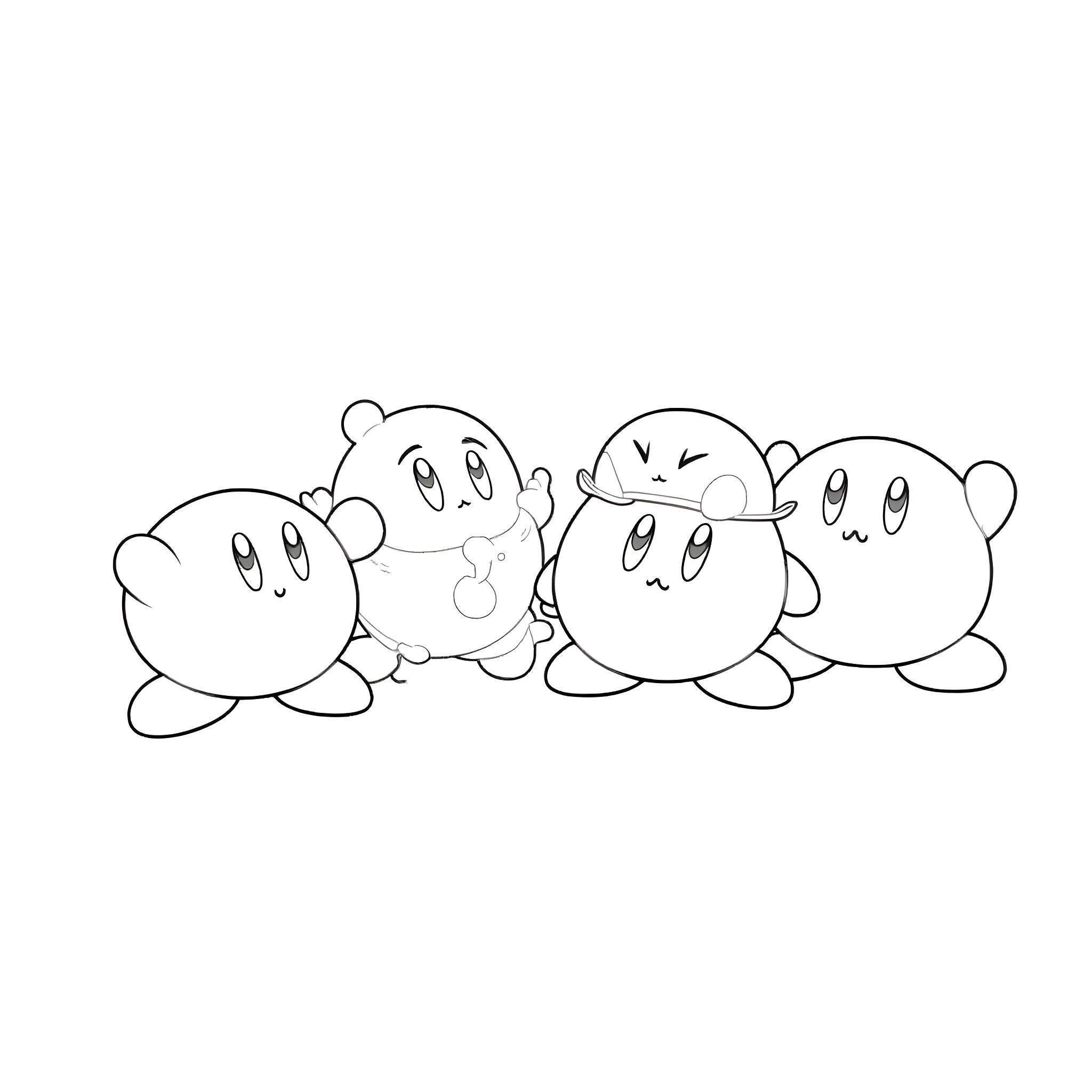 Kirby characters gathered together Coloring Page (free black-and-white line drawing printable PDF for all, from beginners to advanced learners, including children, teens, adults, and seniors)