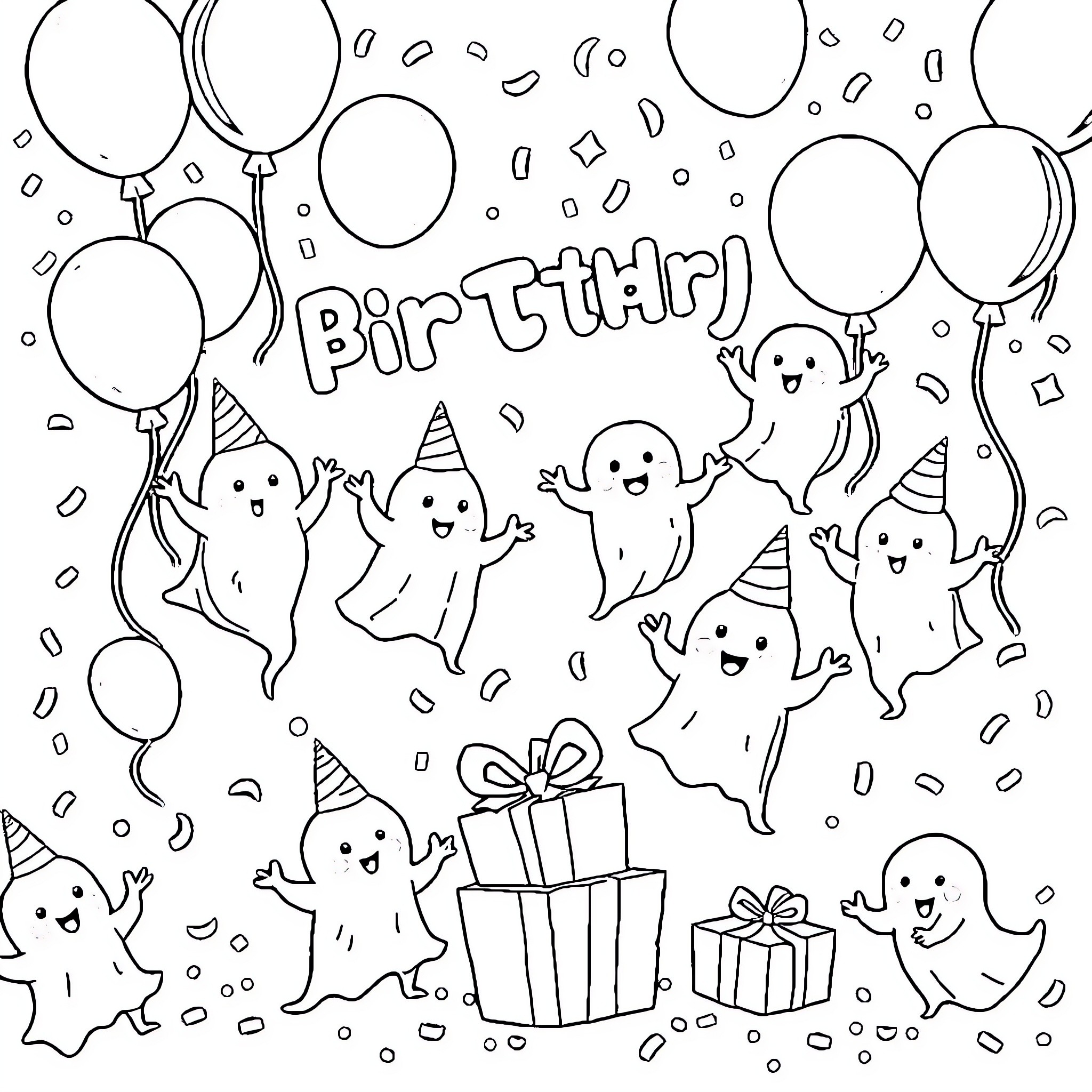 Ghost Creatures Celebrating a Birthday Party Coloring Page (free black-and-white line drawing printable PDF for all, from beginners to advanced learners, including children, teens, adults, and seniors)