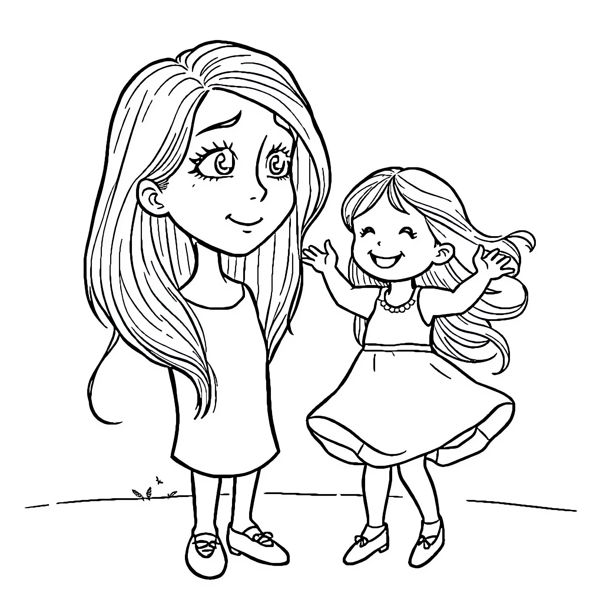Woman and girl enjoying time together outdoors Coloring Page (free black-and-white line drawing printable PDF for all, from beginners to advanced learners, including children, teens, adults, and seniors)