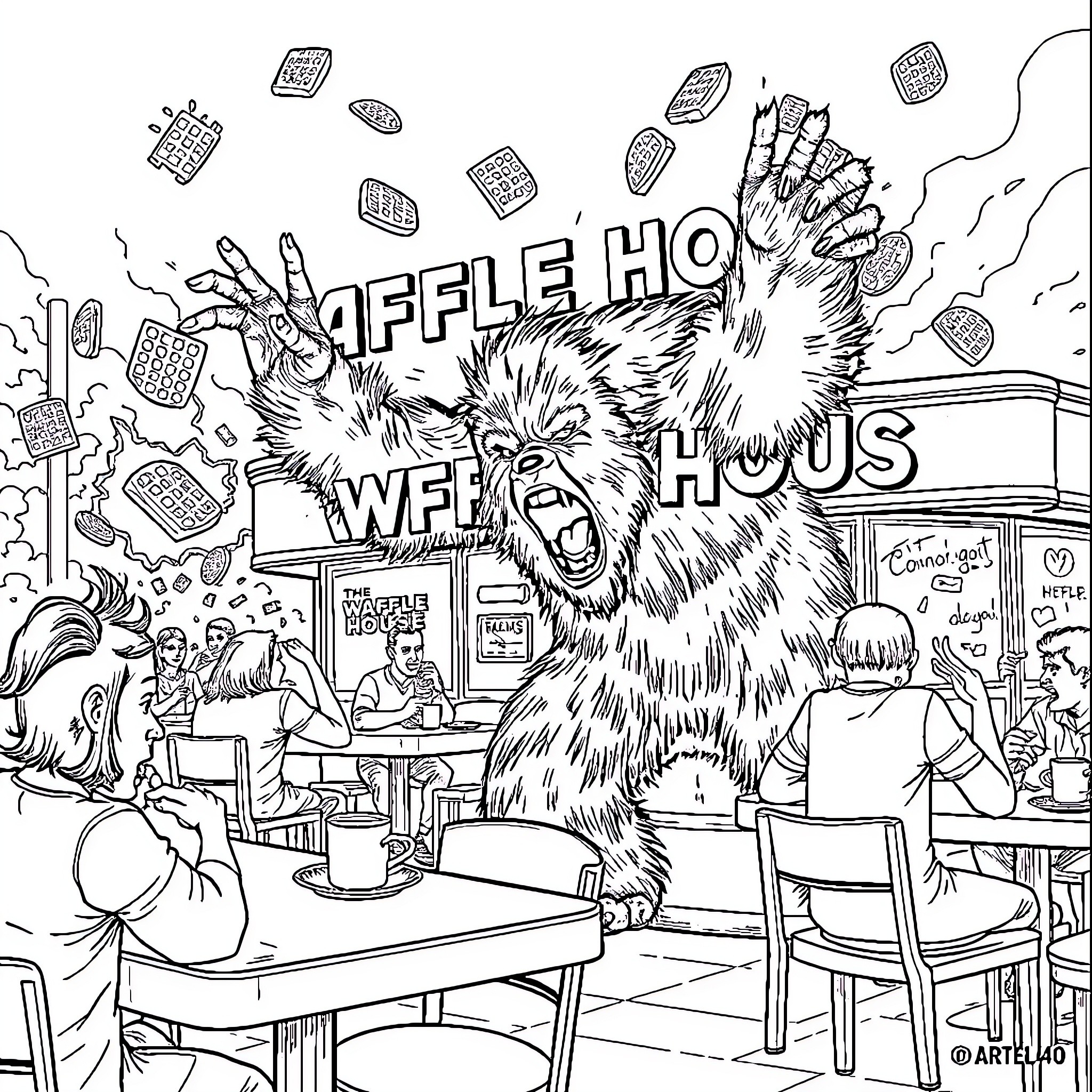 Sasquatch causing chaos at the Waffle House Coloring Page (free black-and-white line drawing printable PDF for all, from beginners to advanced learners, including children, teens, adults, and seniors)