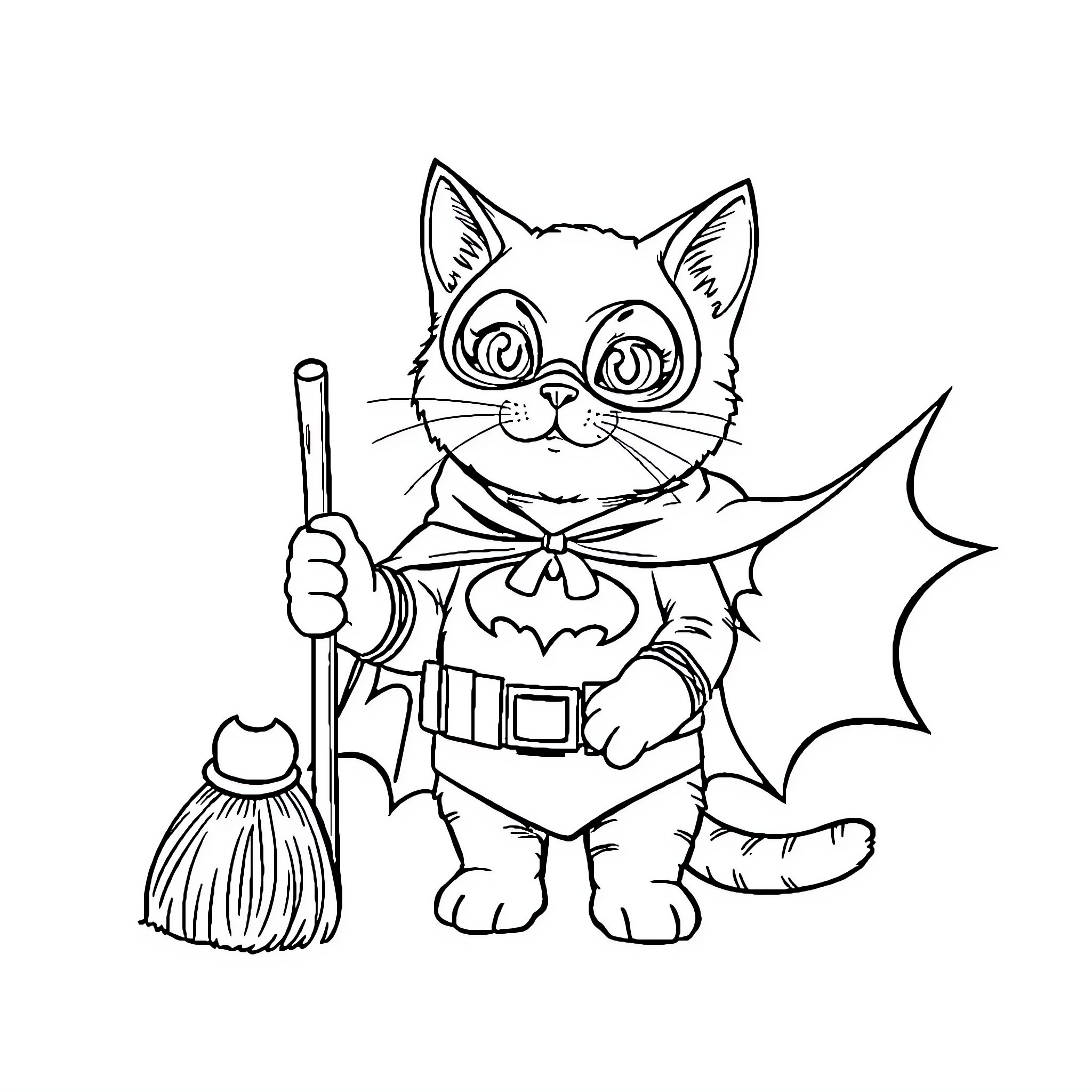 Cat dressed as a superhero with broom Coloring Page (free black-and-white line drawing printable PDF for all, from beginners to advanced learners, including children, teens, adults, and seniors)
