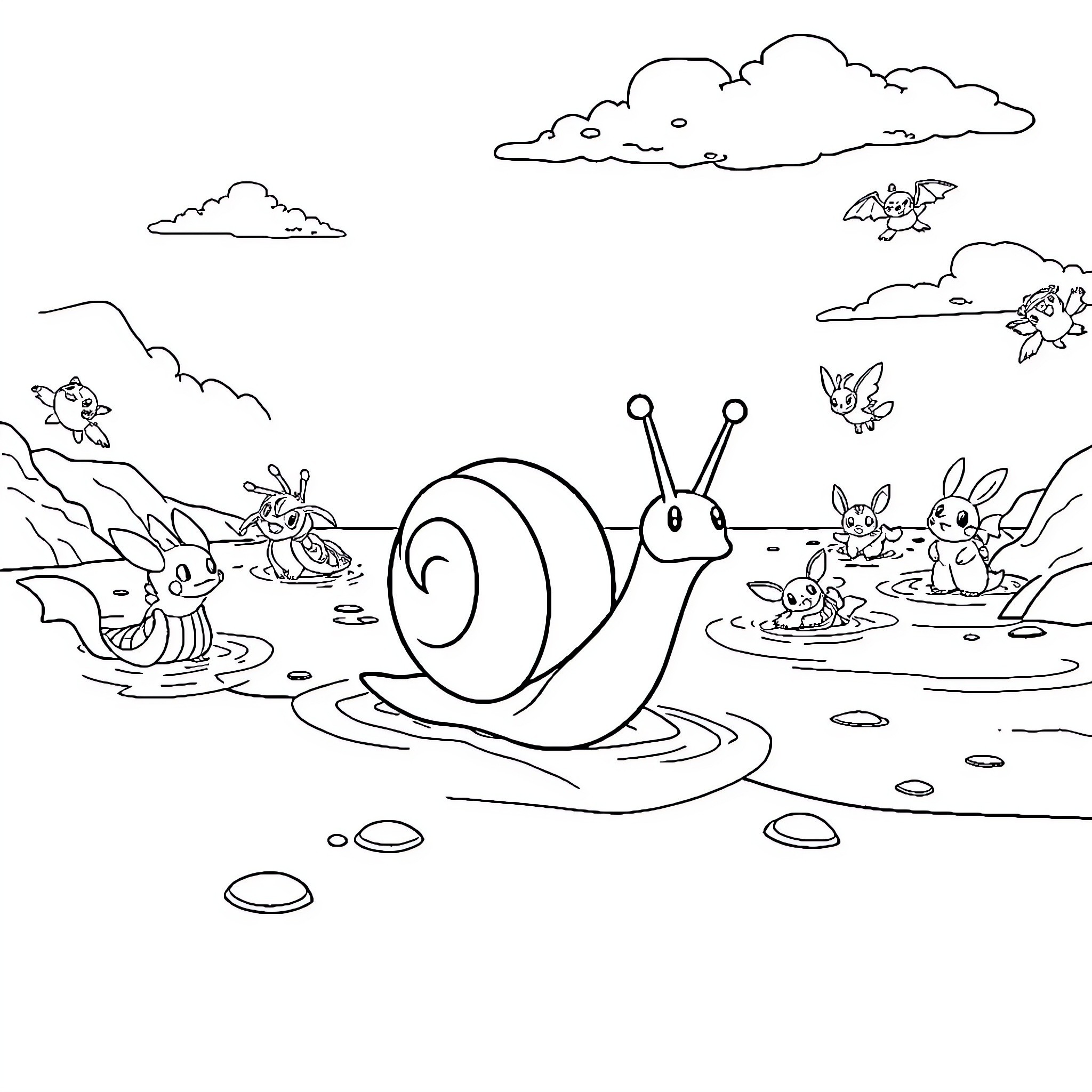Snail exploring the whimsical forest with playful animals Coloring Page (free black-and-white line drawing printable PDF for all, from beginners to advanced learners, including children, teens, adults, and seniors)