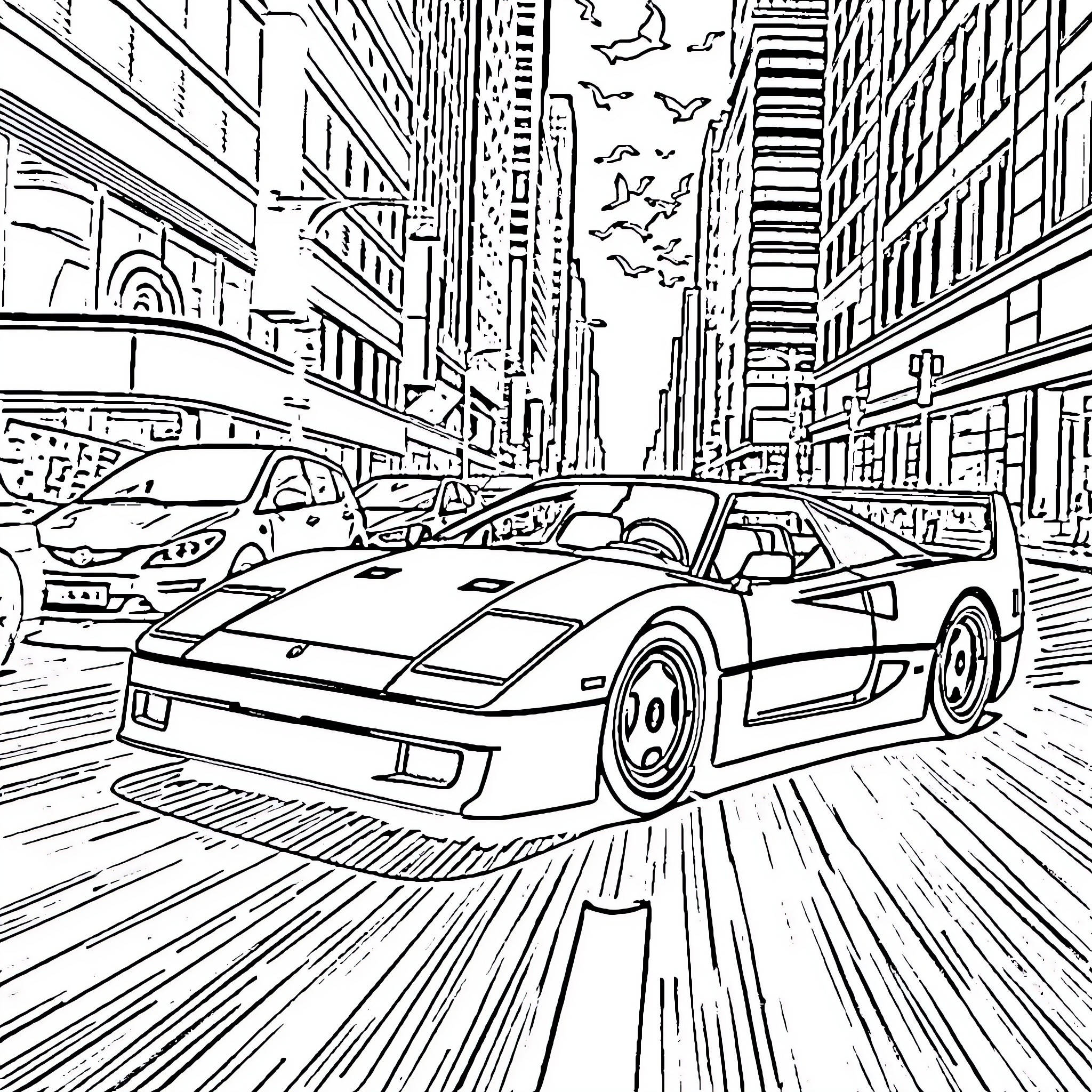 Ferrari Supercar Speeding Through Bustling City Coloring Page (free black-and-white line drawing printable PDF for all, from beginners to advanced learners, including children, teens, adults, and seniors)