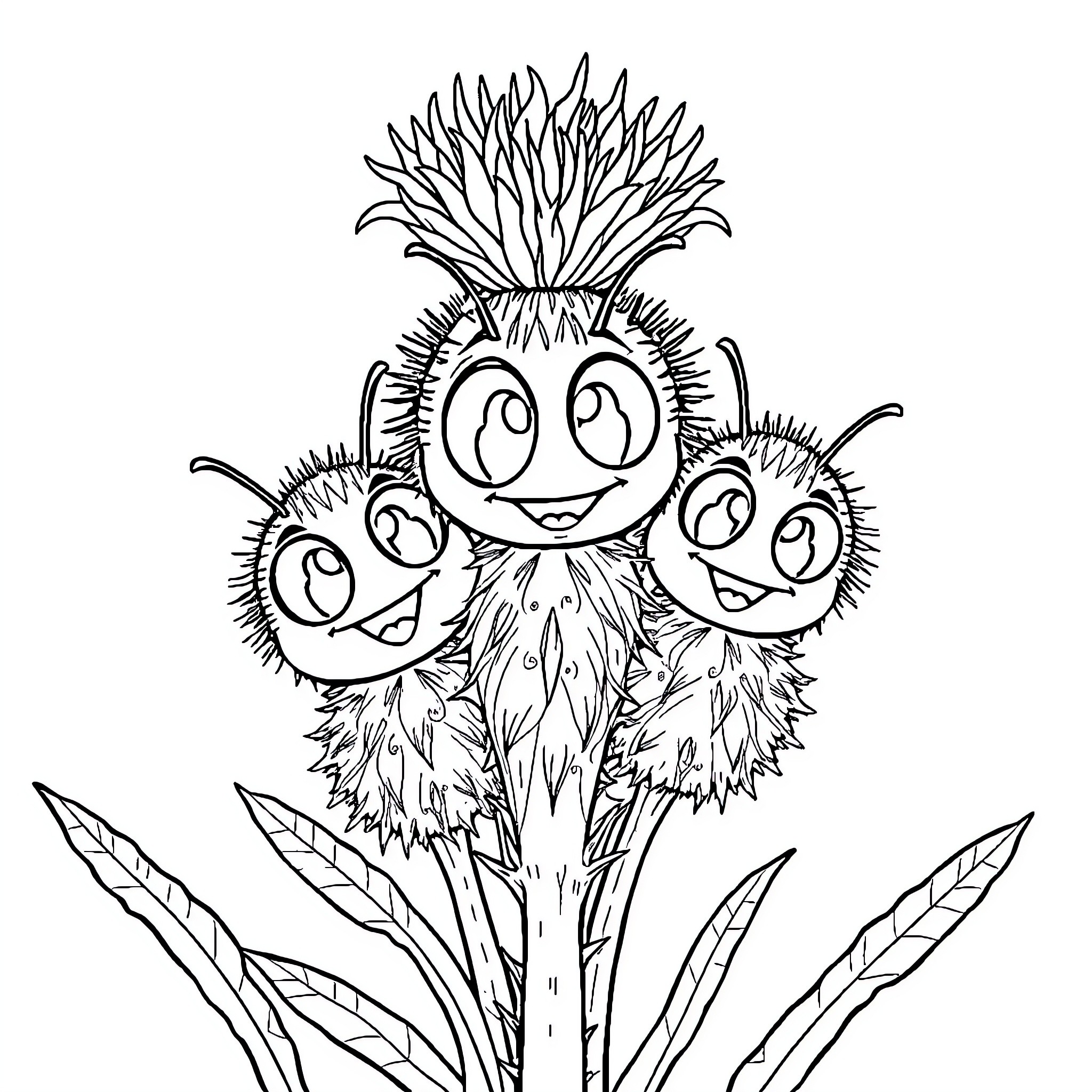 Thistle trio of cartoon creatures in nature Coloring Page (free black-and-white line drawing printable PDF for all, from beginners to advanced learners, including children, teens, adults, and seniors)