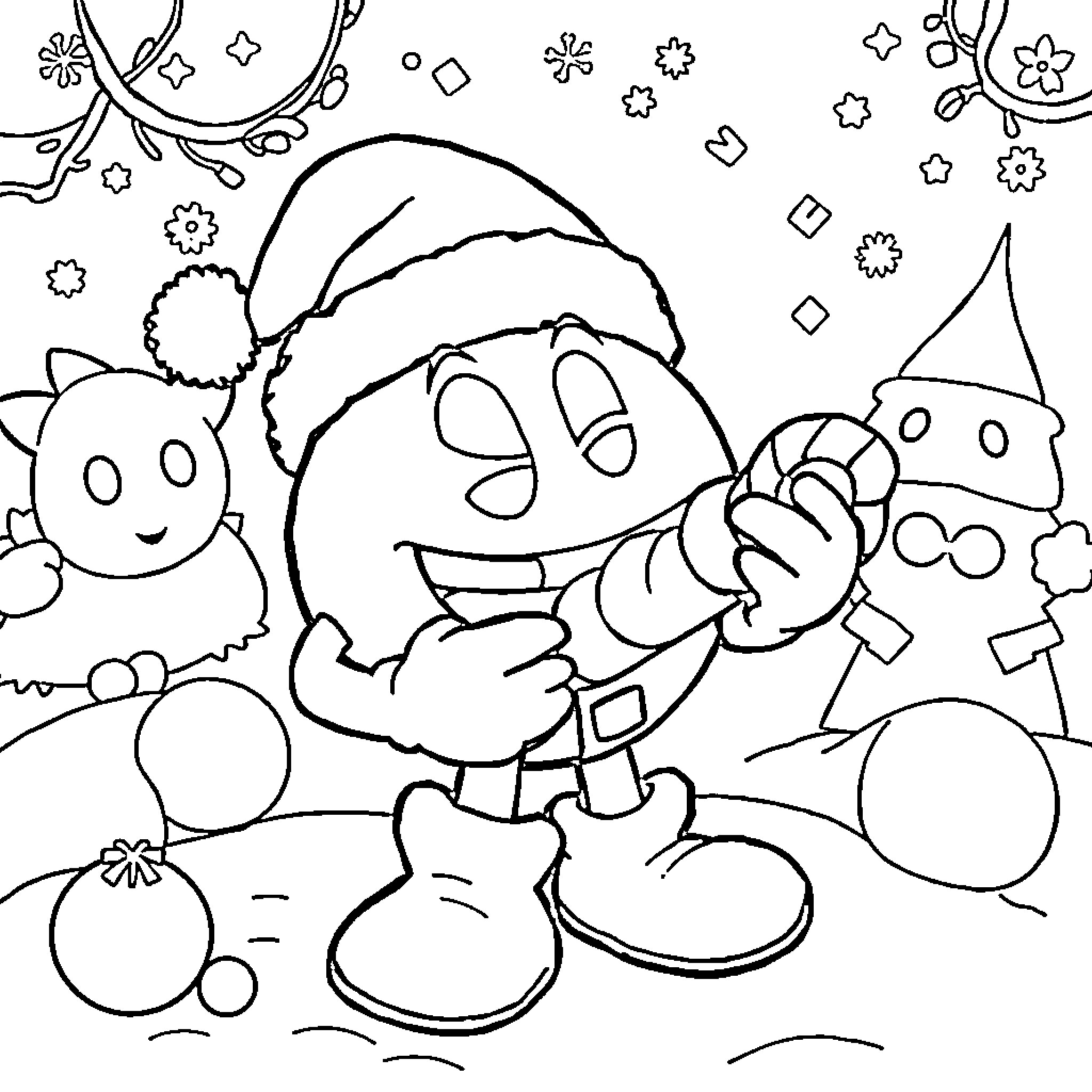 Pacman character celebrating in winter scene Coloring Page (free black-and-white line drawing printable PDF for all, from beginners to advanced learners, including children, teens, adults, and seniors)
