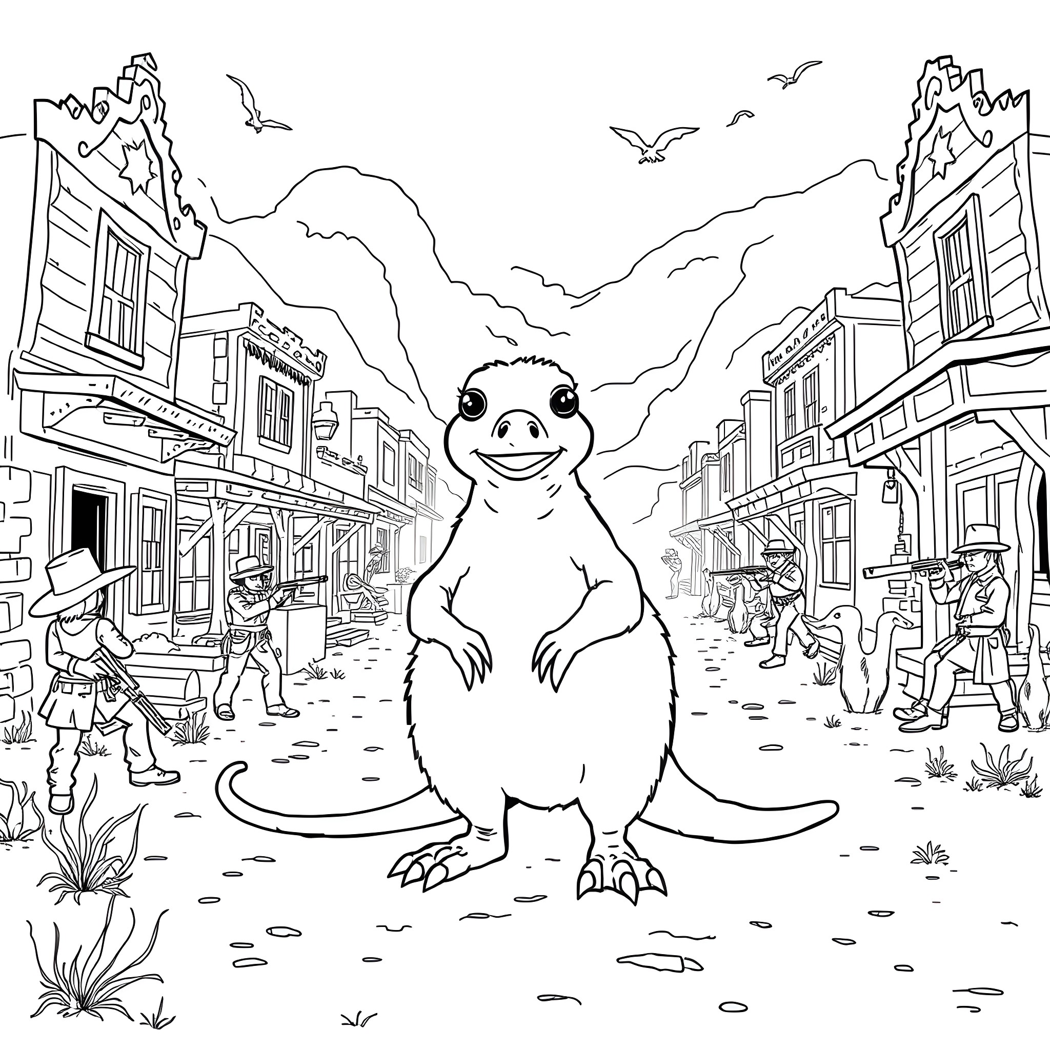 Platypus exploring a quaint town Coloring Page (free black-and-white line drawing printable PDF for all, from beginners to advanced learners, including children, teens, adults, and seniors)